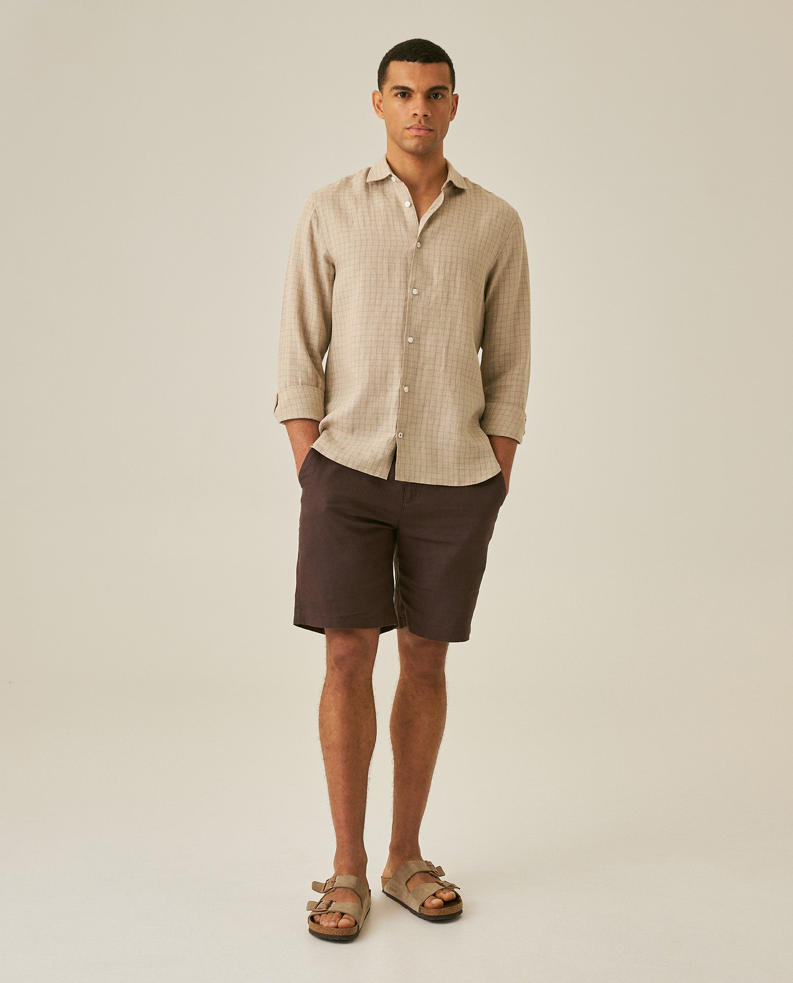 Mens Slim Fit Plaid Linen Shirt - Beige 63_617H207_BEI130607_4