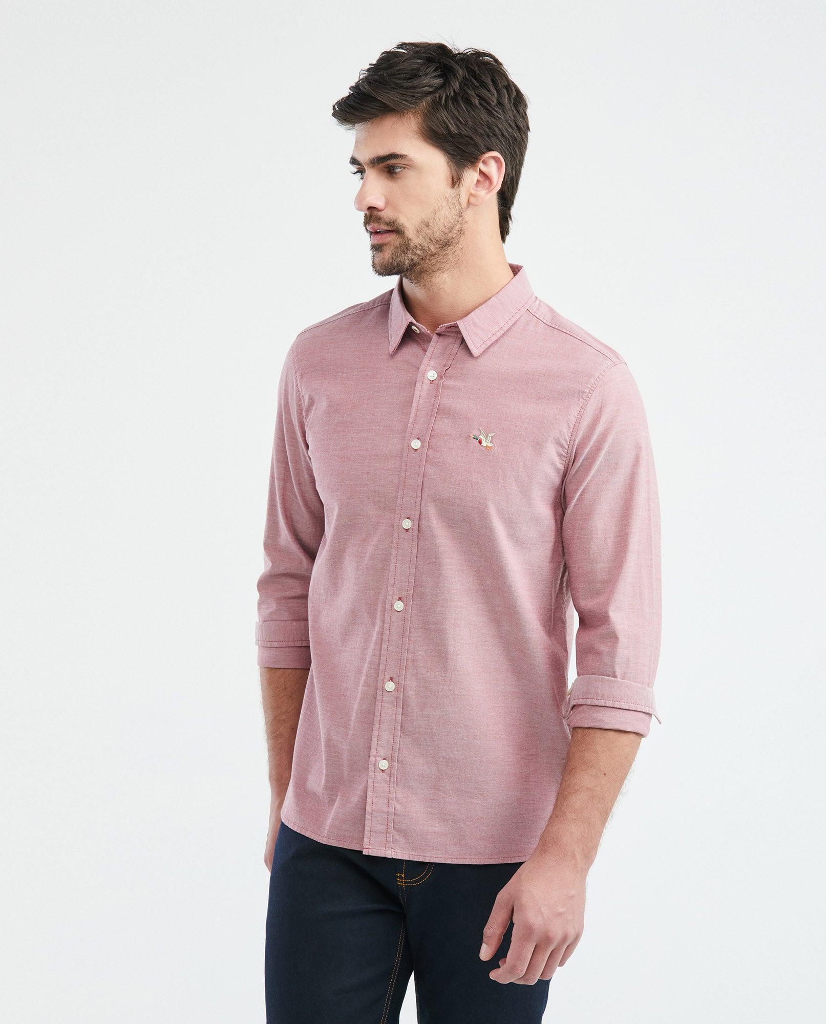 Men's Slim Fit Long Sleeve Duck Embroidery Shirt in Cotton 619E027 - 1