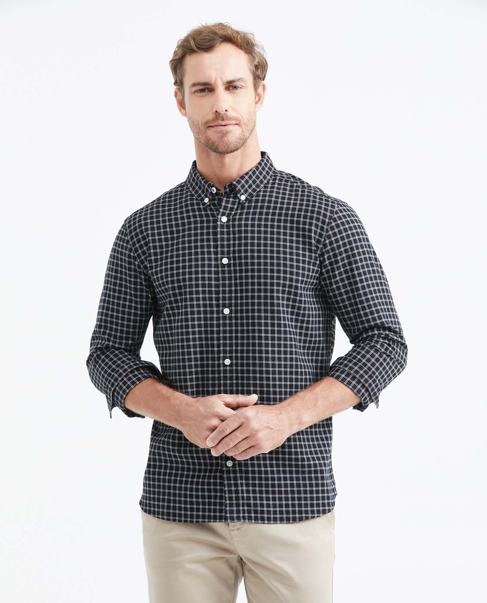 Slim Fit Long Sleeve Plaid Shirt for Men - Black 619F014 - 1