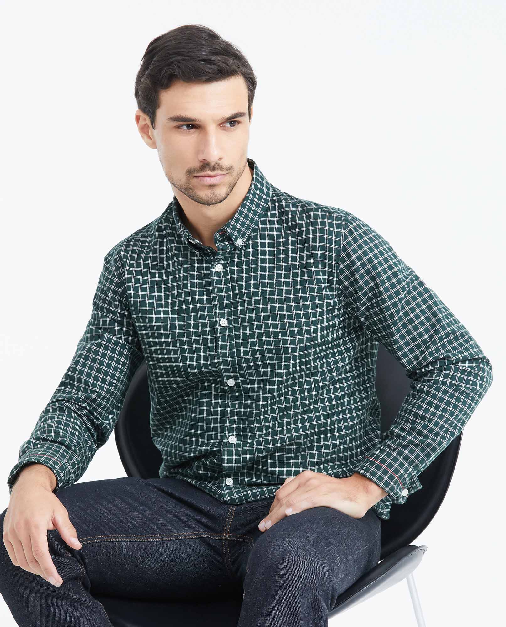 Slim Fit Long Sleeve Plaid Shirt for Men - Green 619F014 - 2