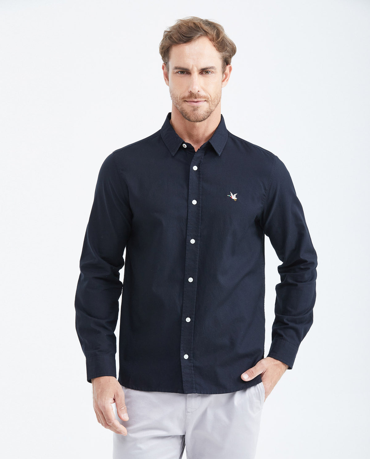 Slim Fit Long Sleeve Oxford Cotton Shirt for Men - Black 619F027 - 1