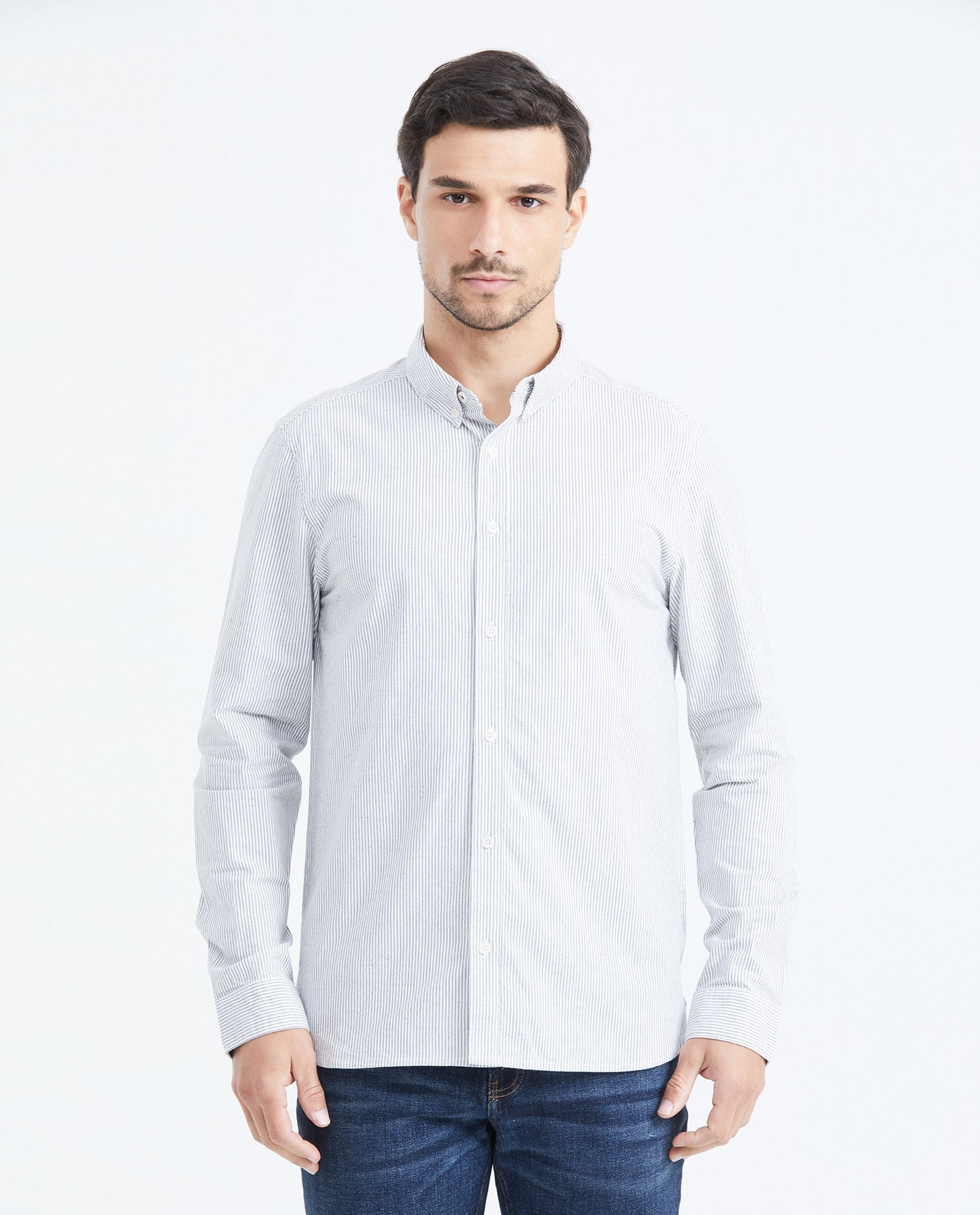 Men's Long Sleeve Slim Fit Shirt with Striped Print - Gray - 1