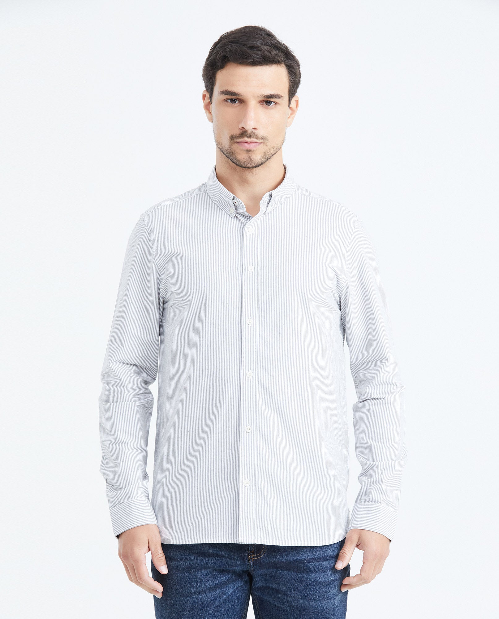 Men's Slim Fit Long Sleeve Striped Shirt Red Collar Side Details in Cotton-Polyester Blend 619F031 - 1