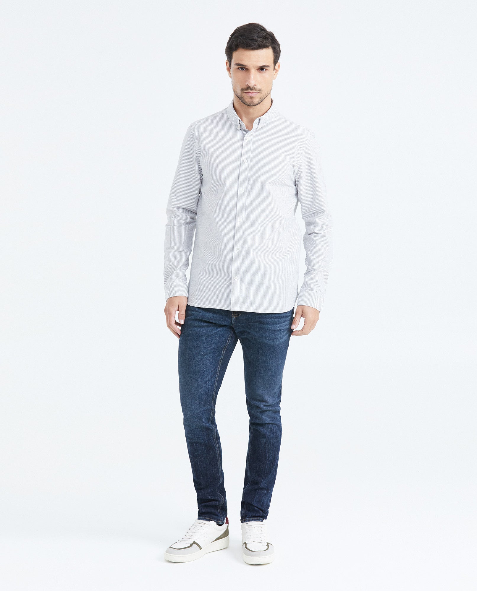 Men's Long Sleeve Slim Fit Shirt with Striped Print - Gray - 2