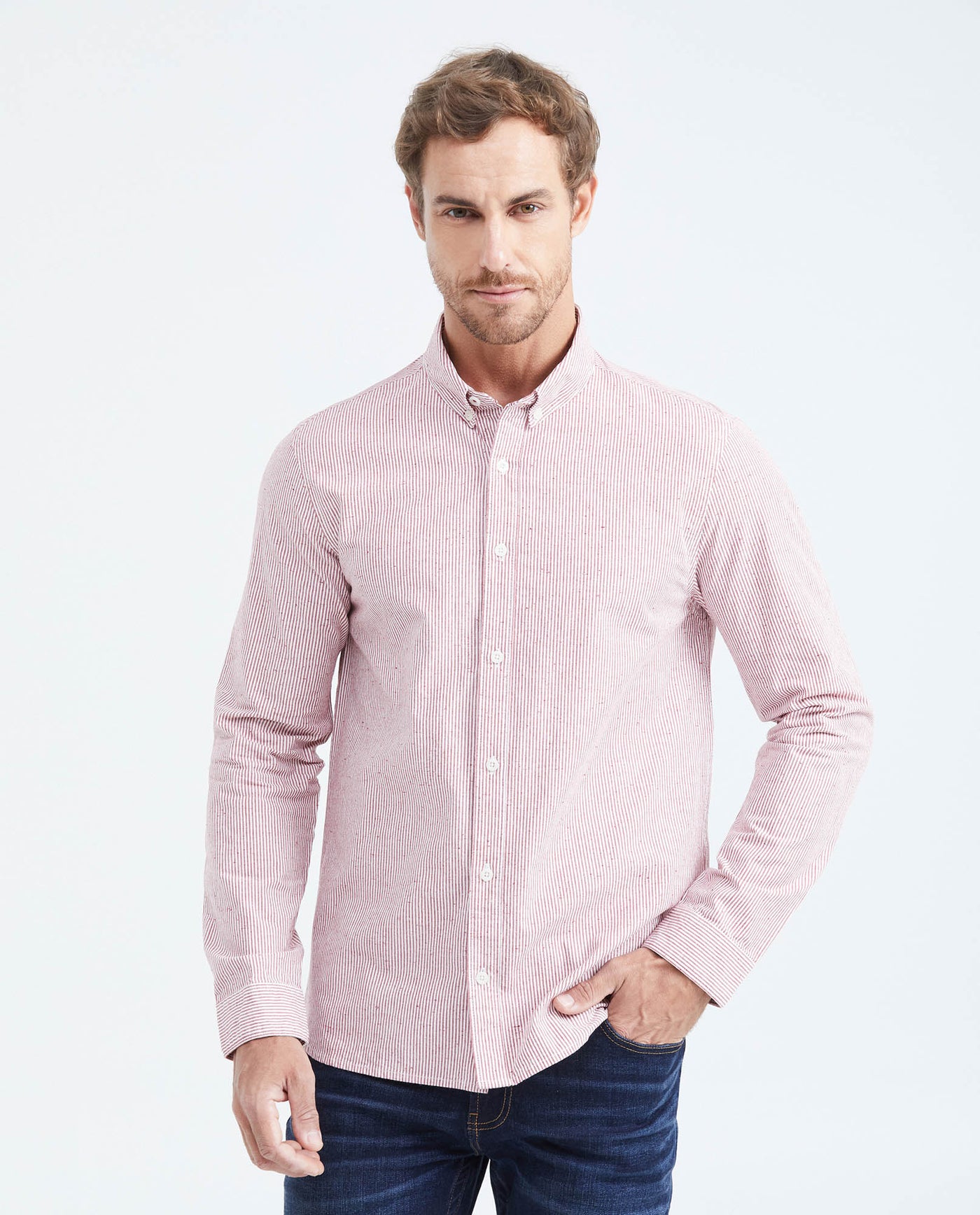 Men's Slim Fit Long Sleeve Striped Shirt Red Collar Side Details in Cotton-Polyester Blend 619F031 - 1