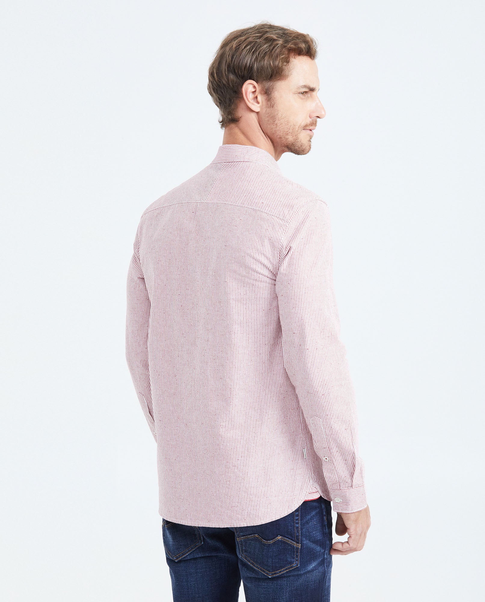 Men's Slim Fit Long Sleeve Striped Shirt Red Collar Side Details in Cotton-Polyester Blend 619F031 - 4