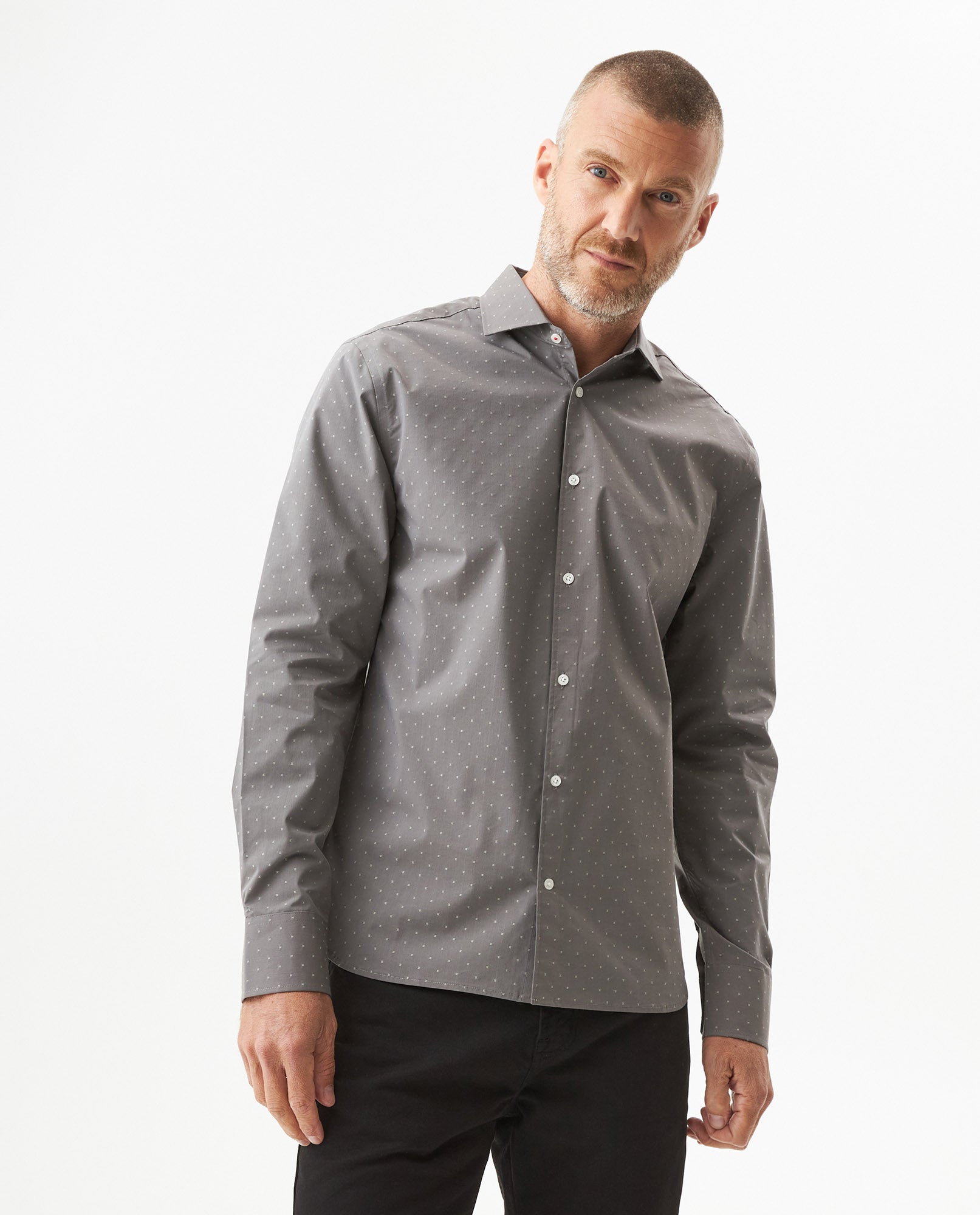 Men's Long Sleeve Slim Fit Mini-Print Dobby Shirt in Cotton-CoolMax Blend, Sailor - 1