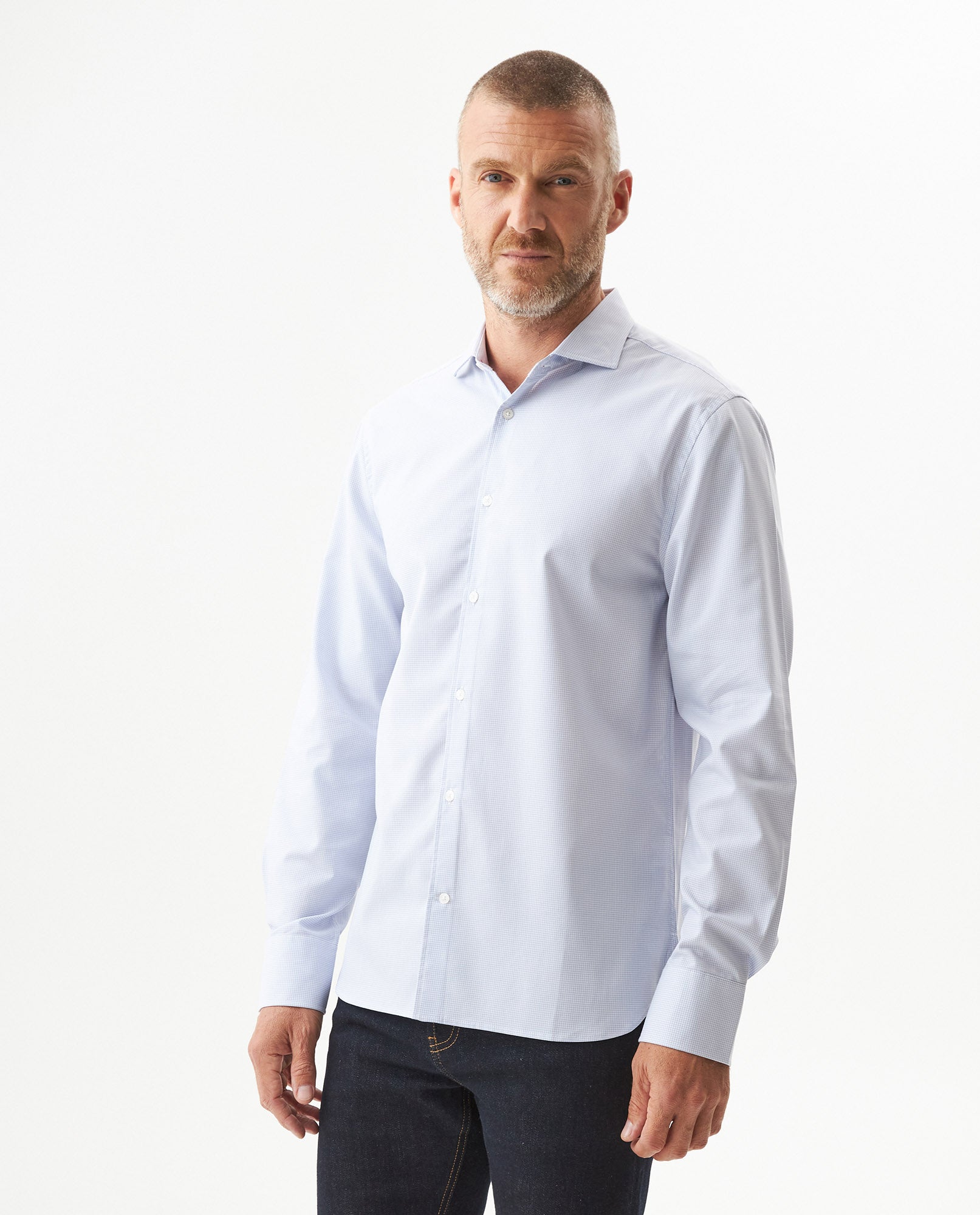 Men's Long Sleeve Slim Fit Yarn-dyed Checkered Fabric Shirt in Cotton-CoolMax Blend, Tidewater - 2