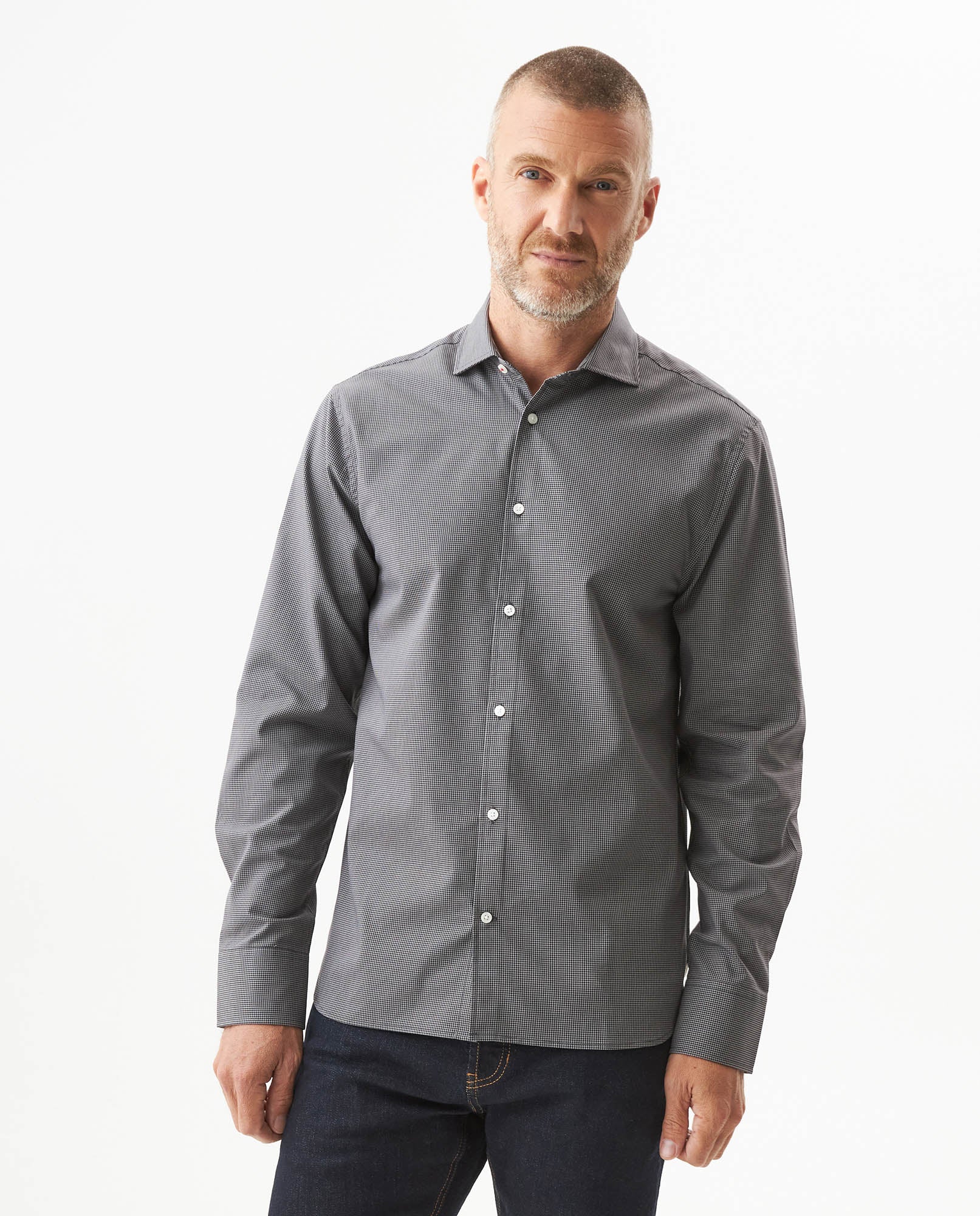 Men's Long Sleeve Slim Fit Yarn-dyed Checkered Fabric Shirt in Cotton-CoolMax Blend, Tidewater - 2