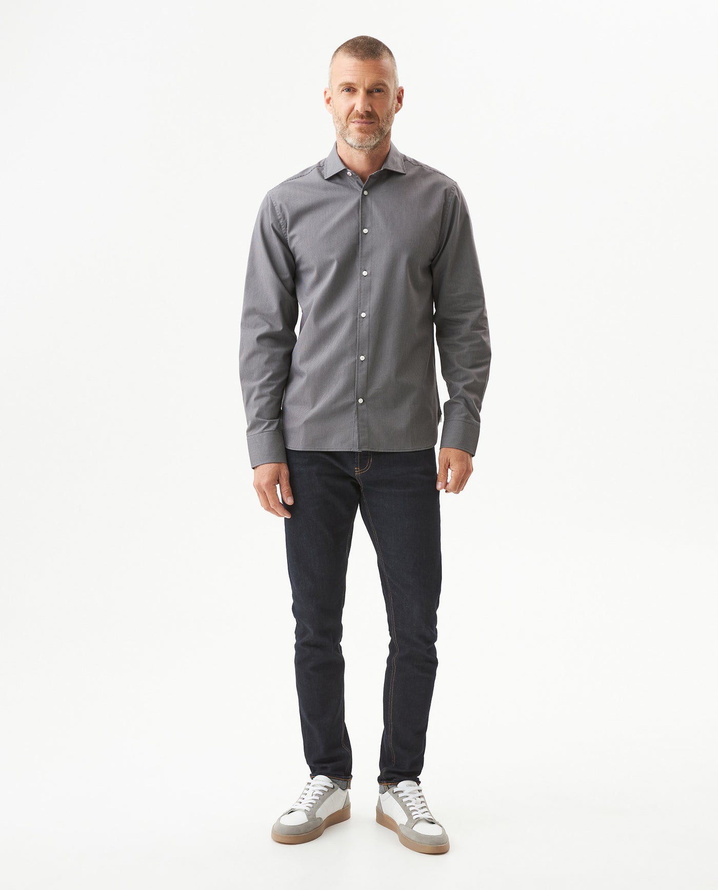 Men's Long Sleeve Slim Fit Yarn-dyed Checkered Fabric Shirt in Cotton-CoolMax Blend, Tidewater - 3