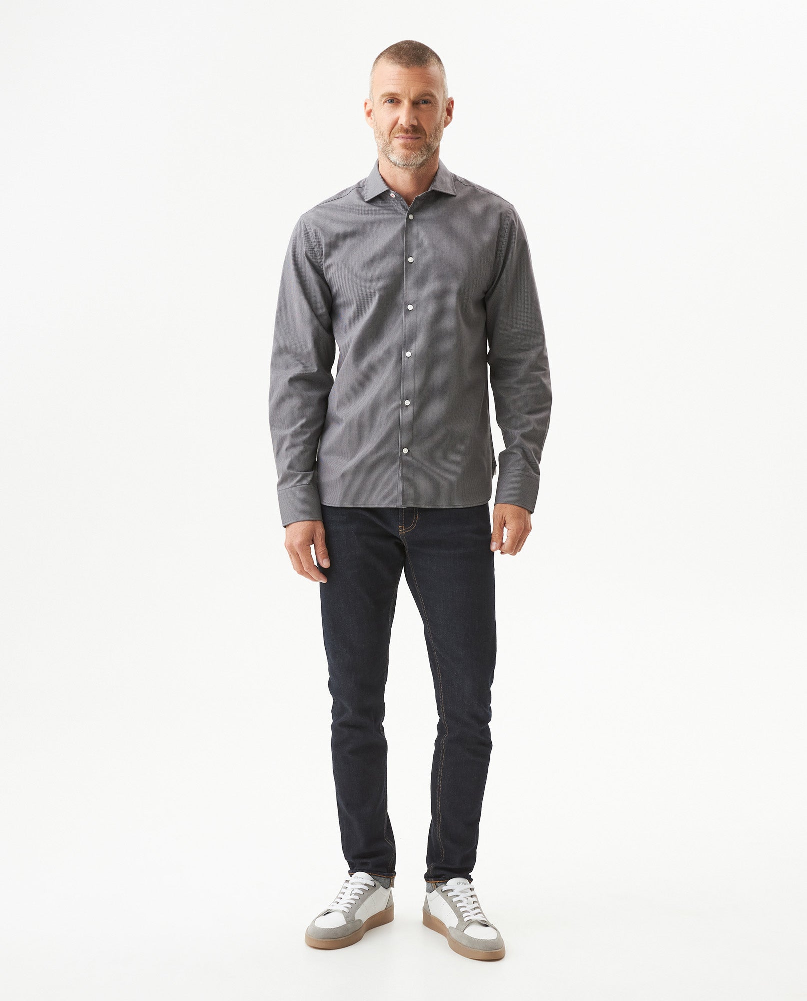 Men's Long Sleeve Slim Fit Yarn-dyed Checkered Fabric Shirt in Cotton-CoolMax Blend, Tidewater - 3