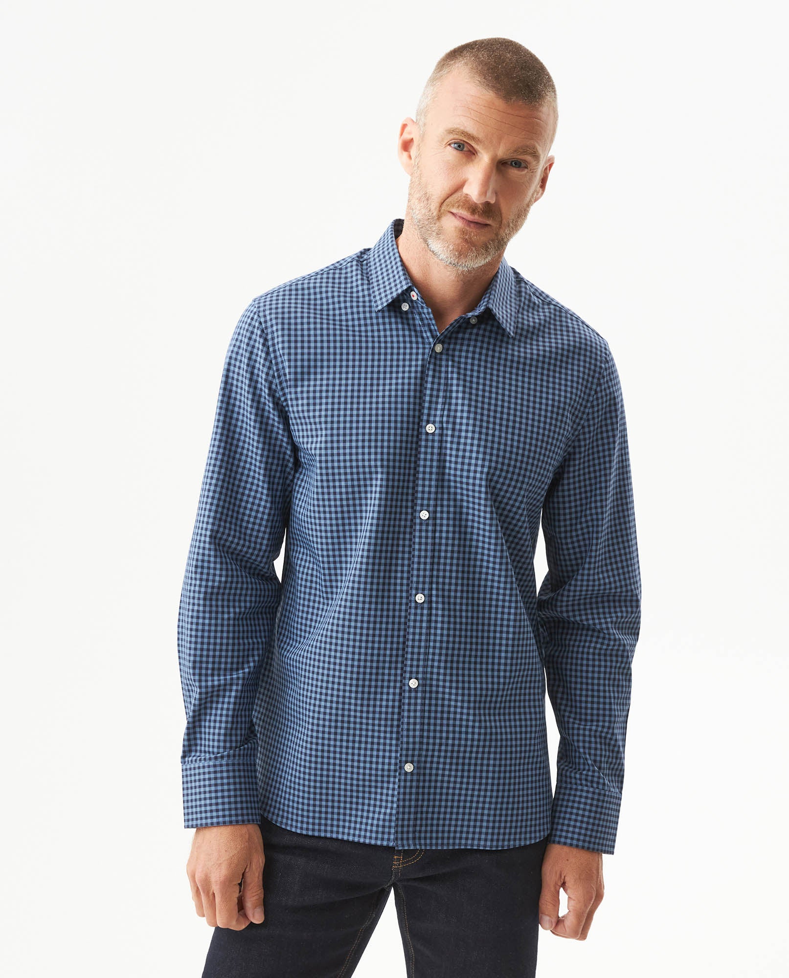 Men's Long Sleeve Slim Fit Yarn-dyed Checkered Fabric Shirt in Cotton-CoolMax Blend, Boatyard 619G007 - 1