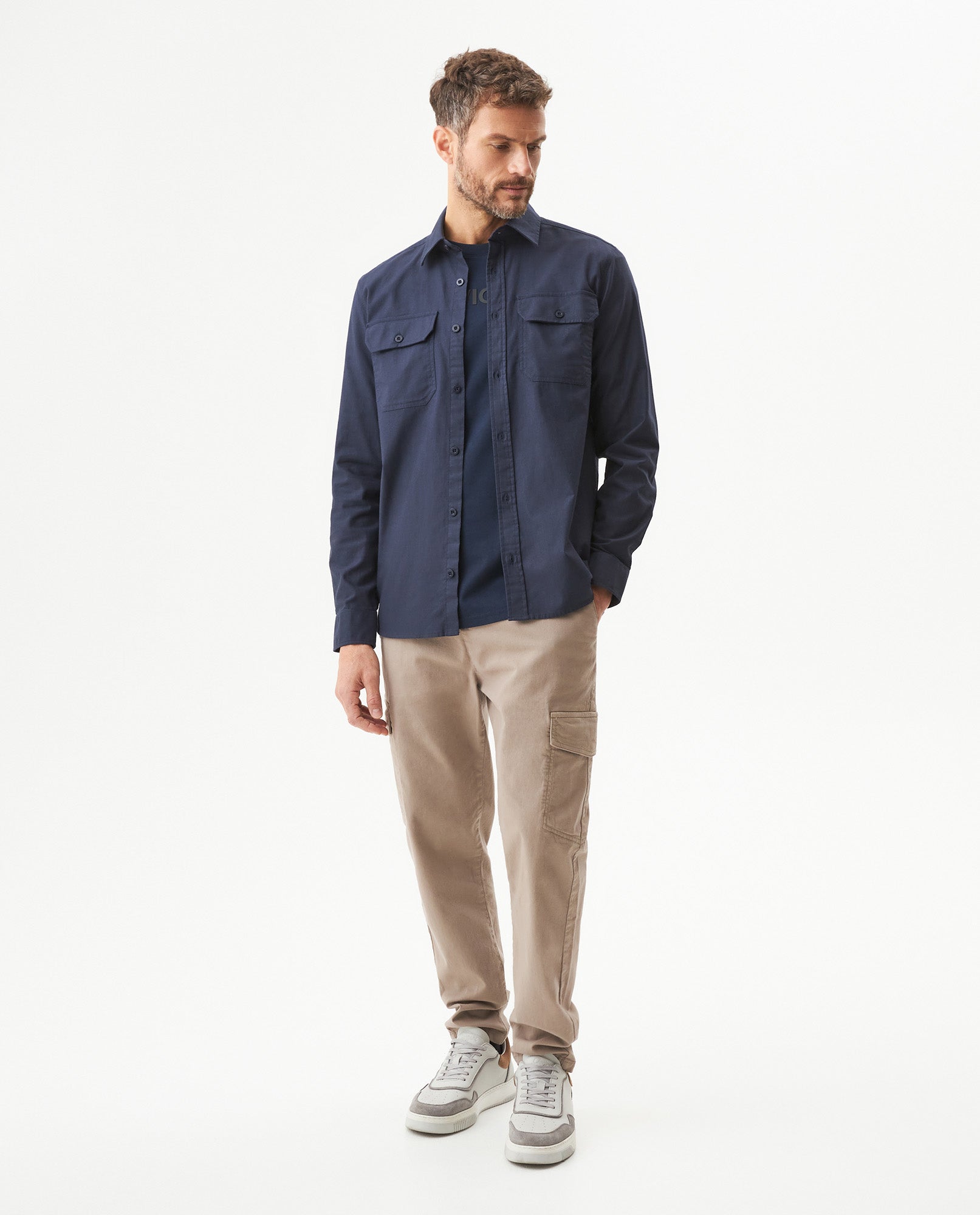 Men's Long Sleeve Flap Pockets Shirt in Cotton, Seaport 619G008 - 2