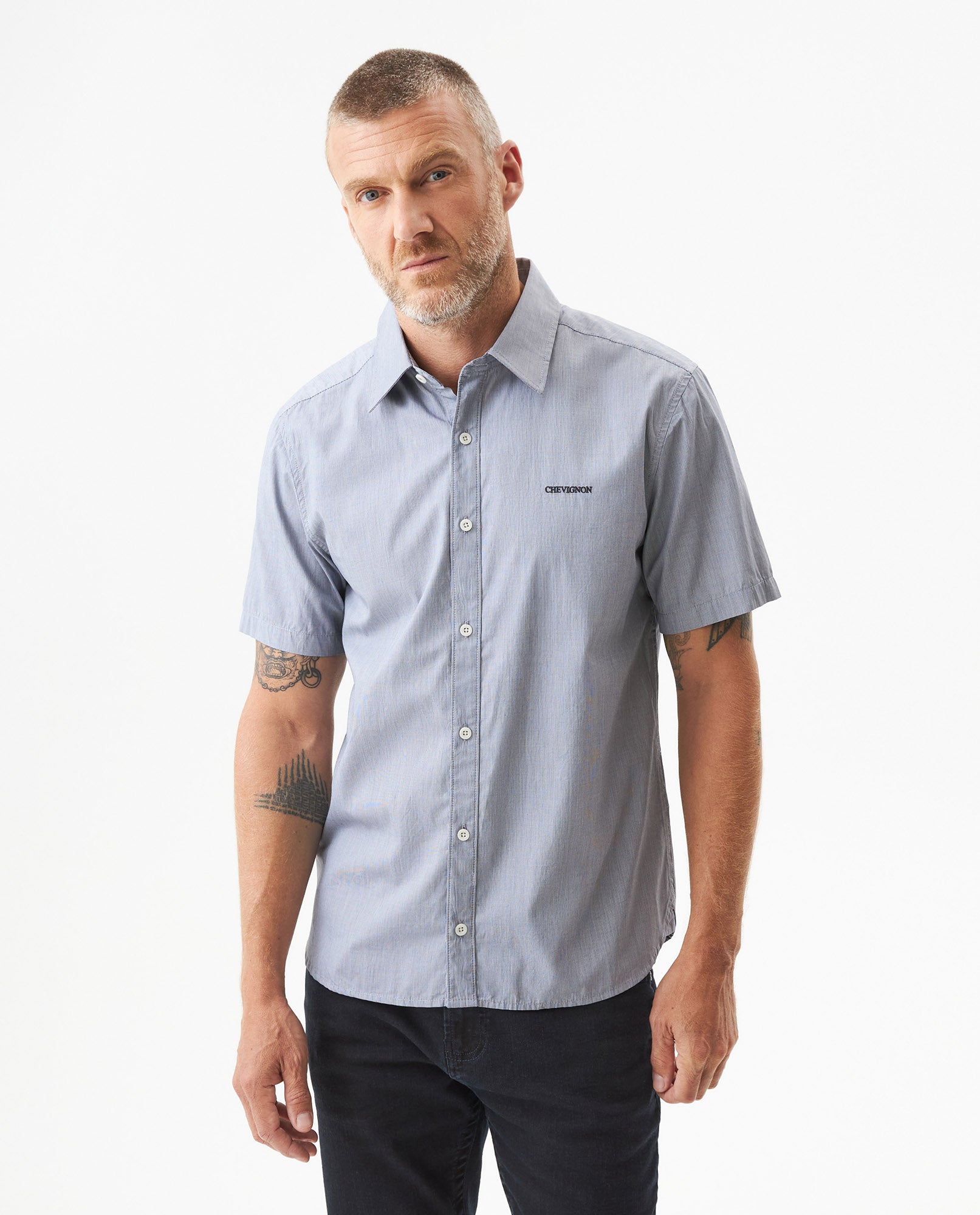 Men's Short Sleeve Slim Fit Mini Stripe Shirt in Cotton, Twilight 619G035 - 1