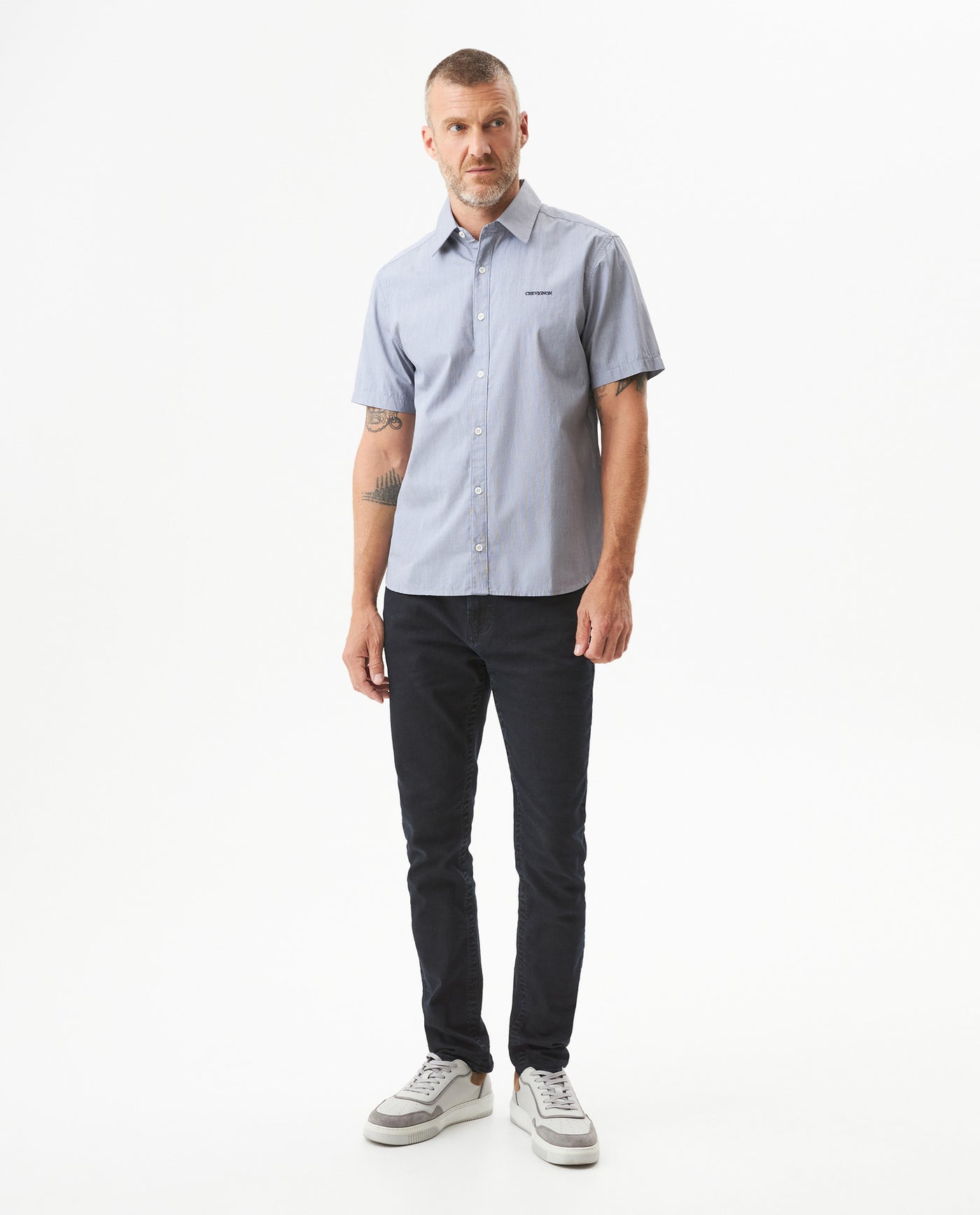 Men's Short Sleeve Slim Fit Mini Stripe Shirt in Cotton, Twilight 619G035 - 3