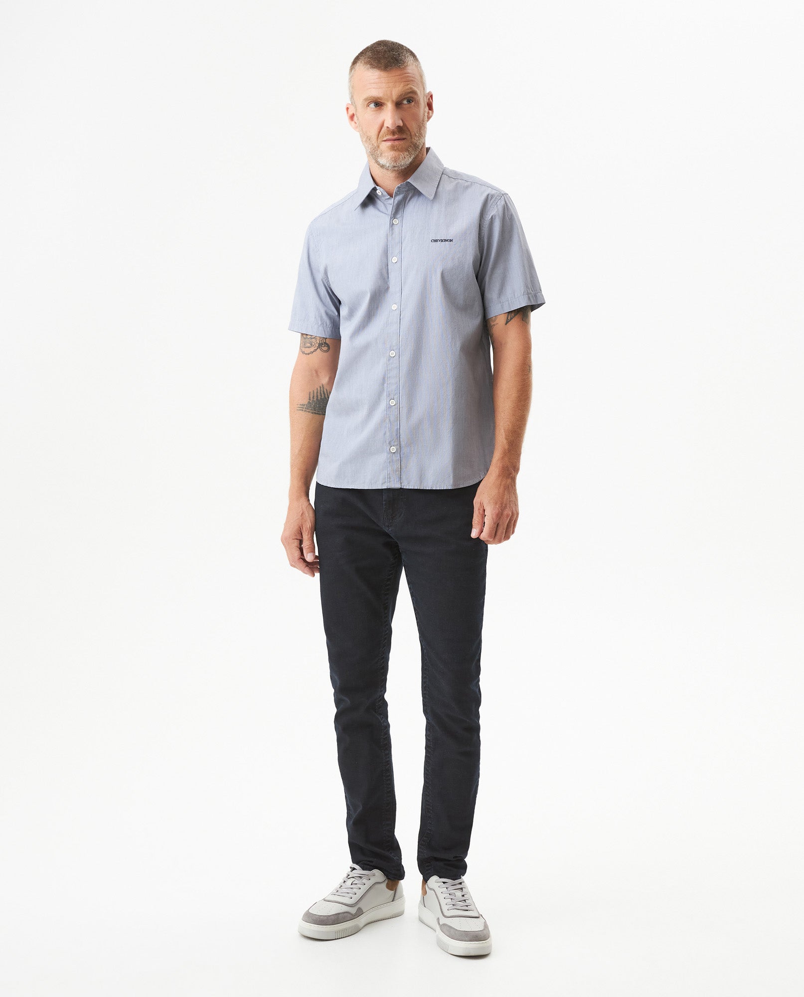 Men's Short Sleeve Slim Fit Mini Stripe Shirt in Cotton, Twilight 619G035 - 3