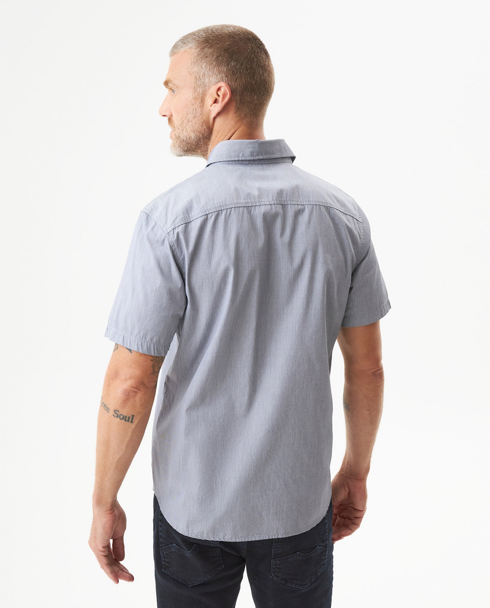 Men's Short Sleeve Slim Fit Mini Stripe Shirt in Cotton, Twilight 619G035 - 5
