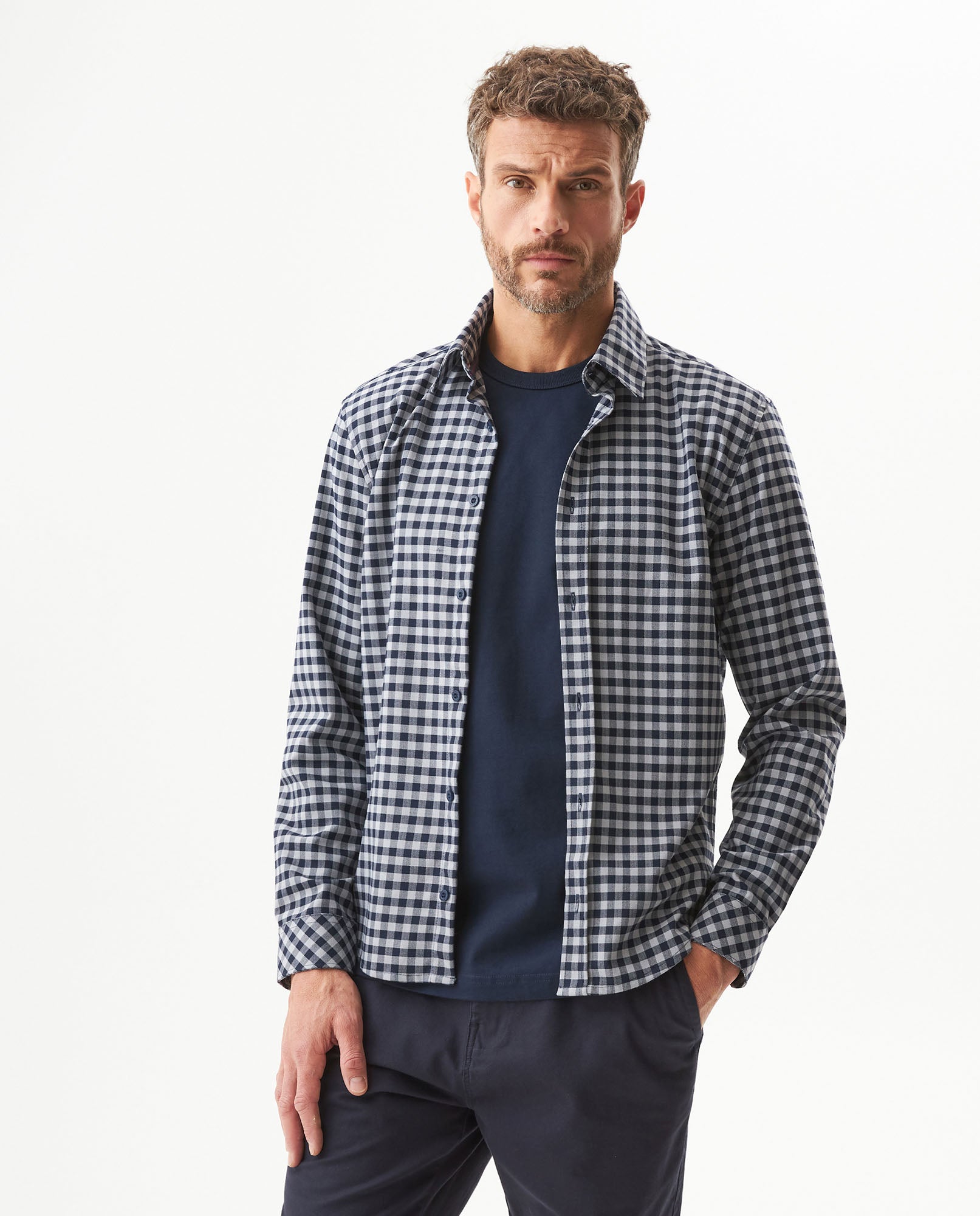 Men's Long Sleeve Slim Fit Checkered Shirt in Cotton-Linen, Stardust 619G036 - 1
