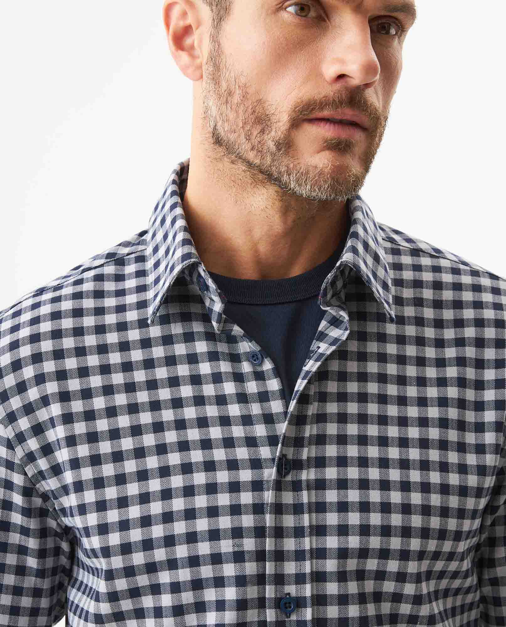 Men's Long Sleeve Slim Fit Checkered Shirt in Cotton-Linen, Stardust 619G036 - 4