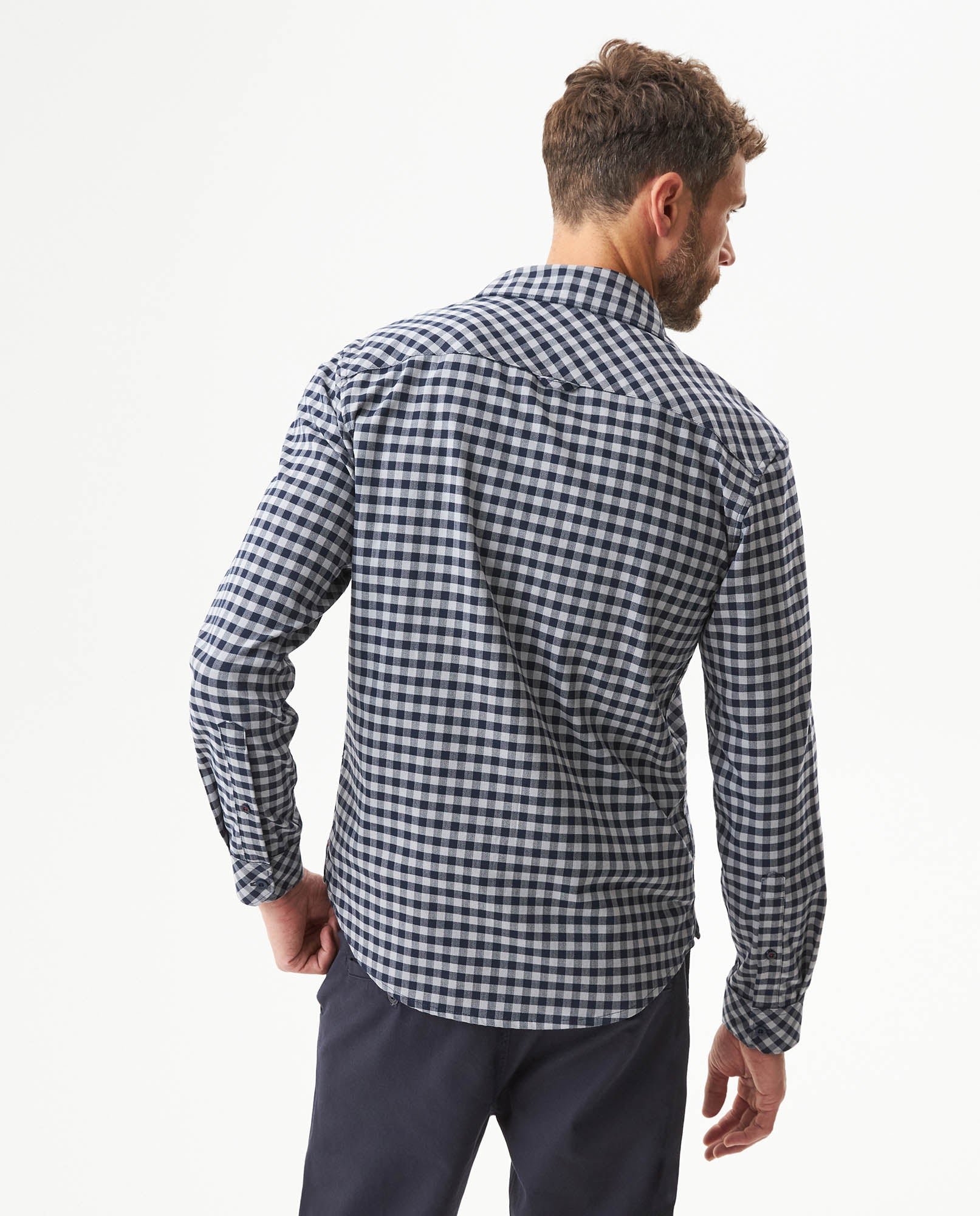 Men's Long Sleeve Slim Fit Checkered Shirt in Cotton-Linen, Stardust 619G036 - 5