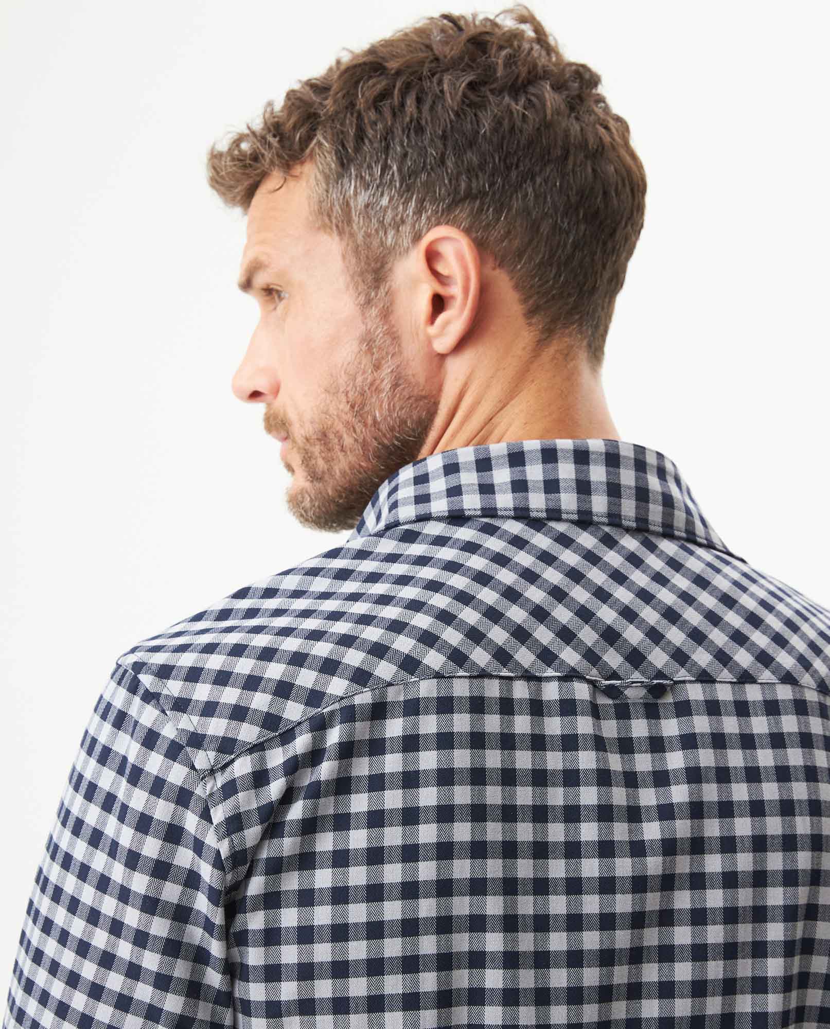 Men's Long Sleeve Slim Fit Checkered Shirt in Cotton-Linen, Stardust 619G036 - 6
