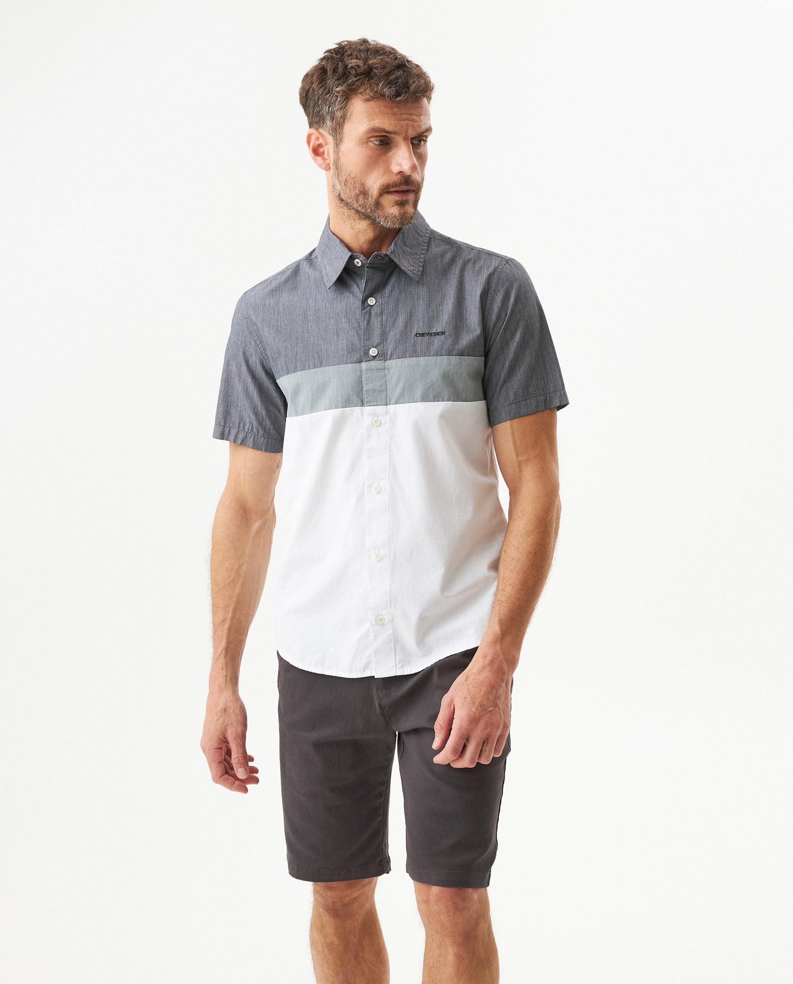 Men's Short Sleeve Slim Fit Color Block Shirt in Cotton, Boathouse 619G040 - 1