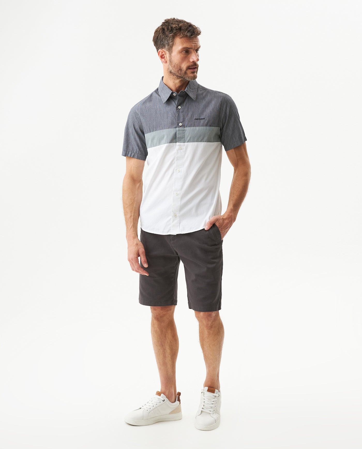 Men's Short Sleeve Slim Fit Color Block Shirt in Cotton, Boathouse 619G040 - 3