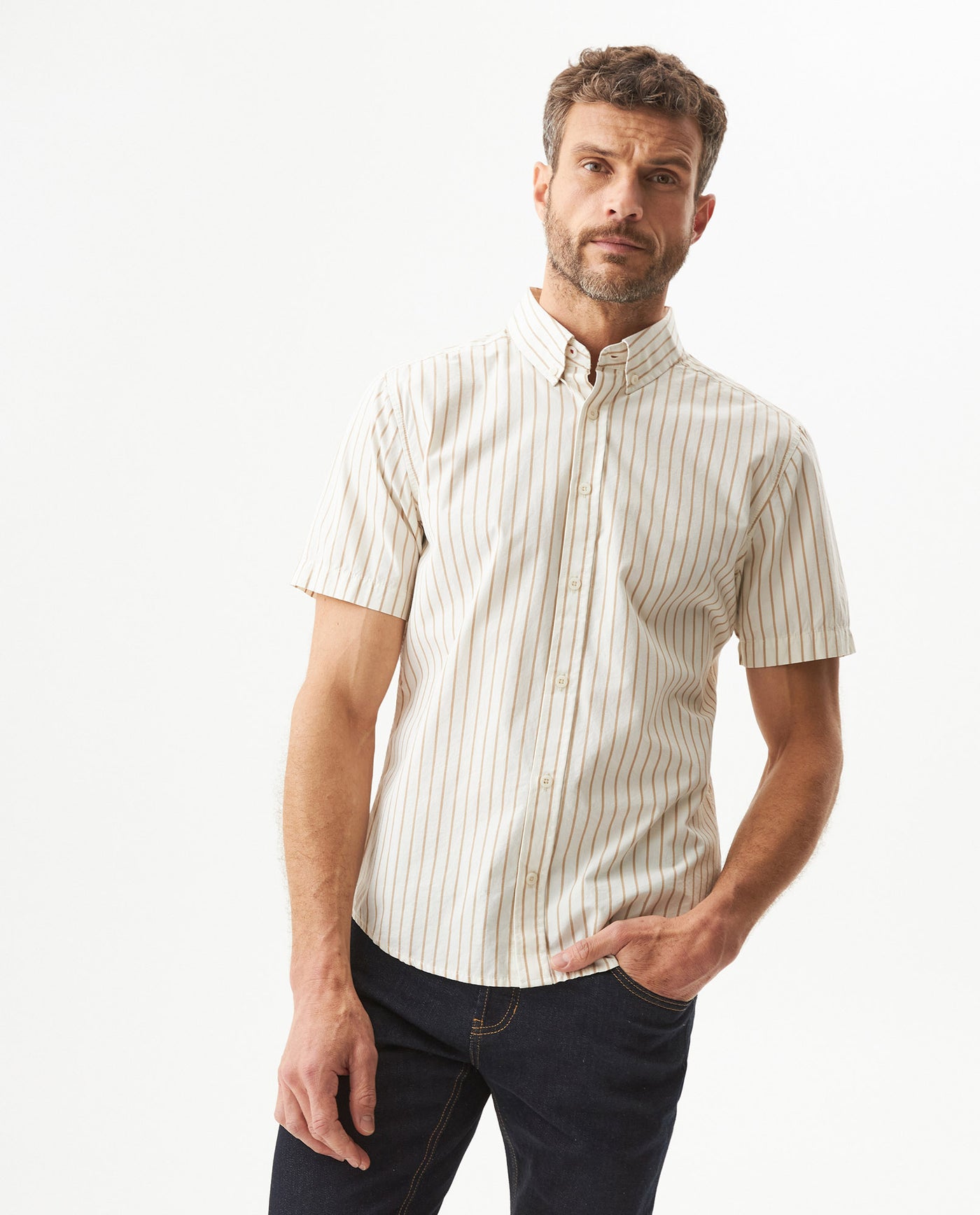 Men's Short Sleeve Slim Fit Striped Pattern Shirt in Cotton, Seawall 619G041 - 1