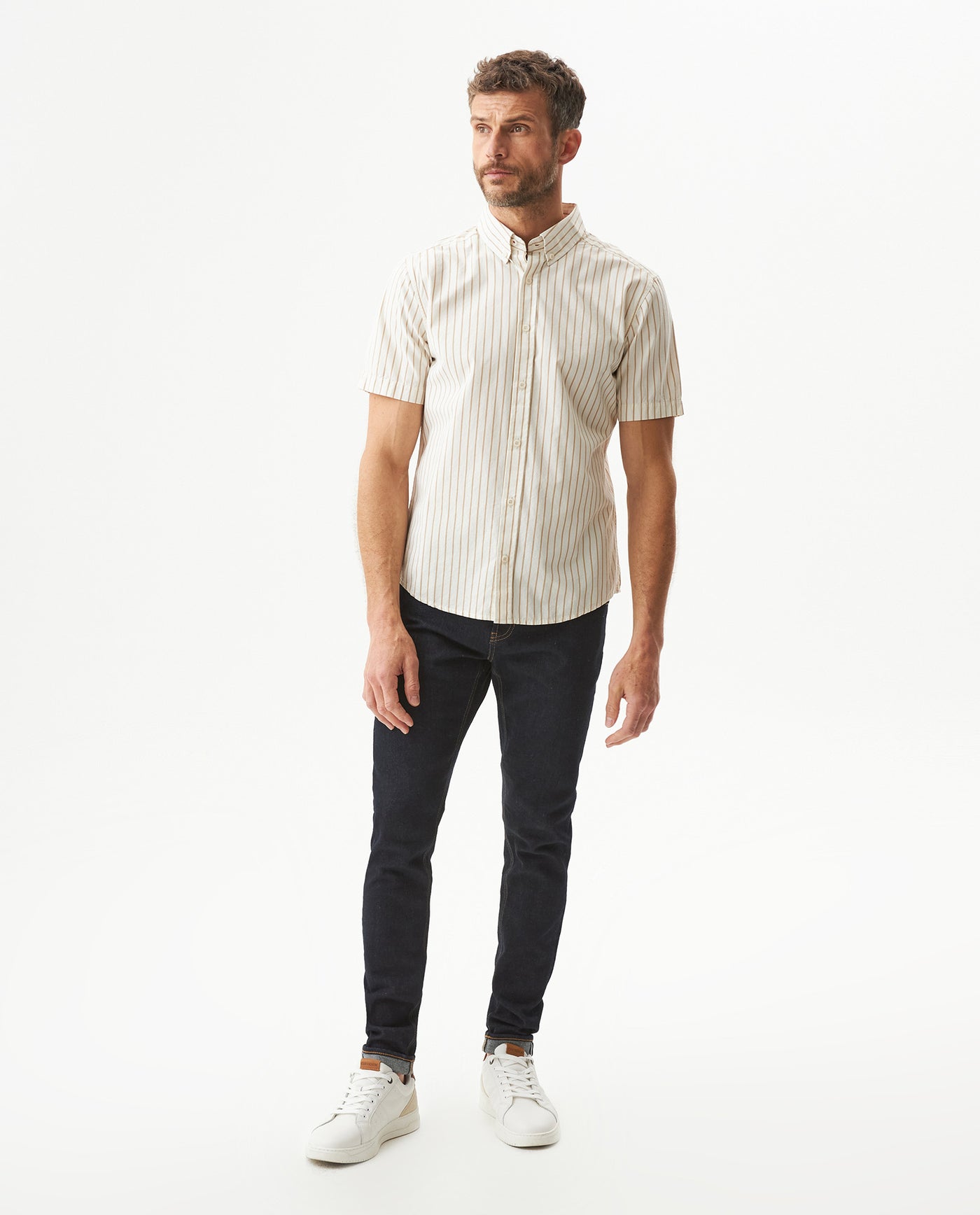 Men's Short Sleeve Slim Fit Striped Pattern Shirt in Cotton, Seawall 619G041 - 3