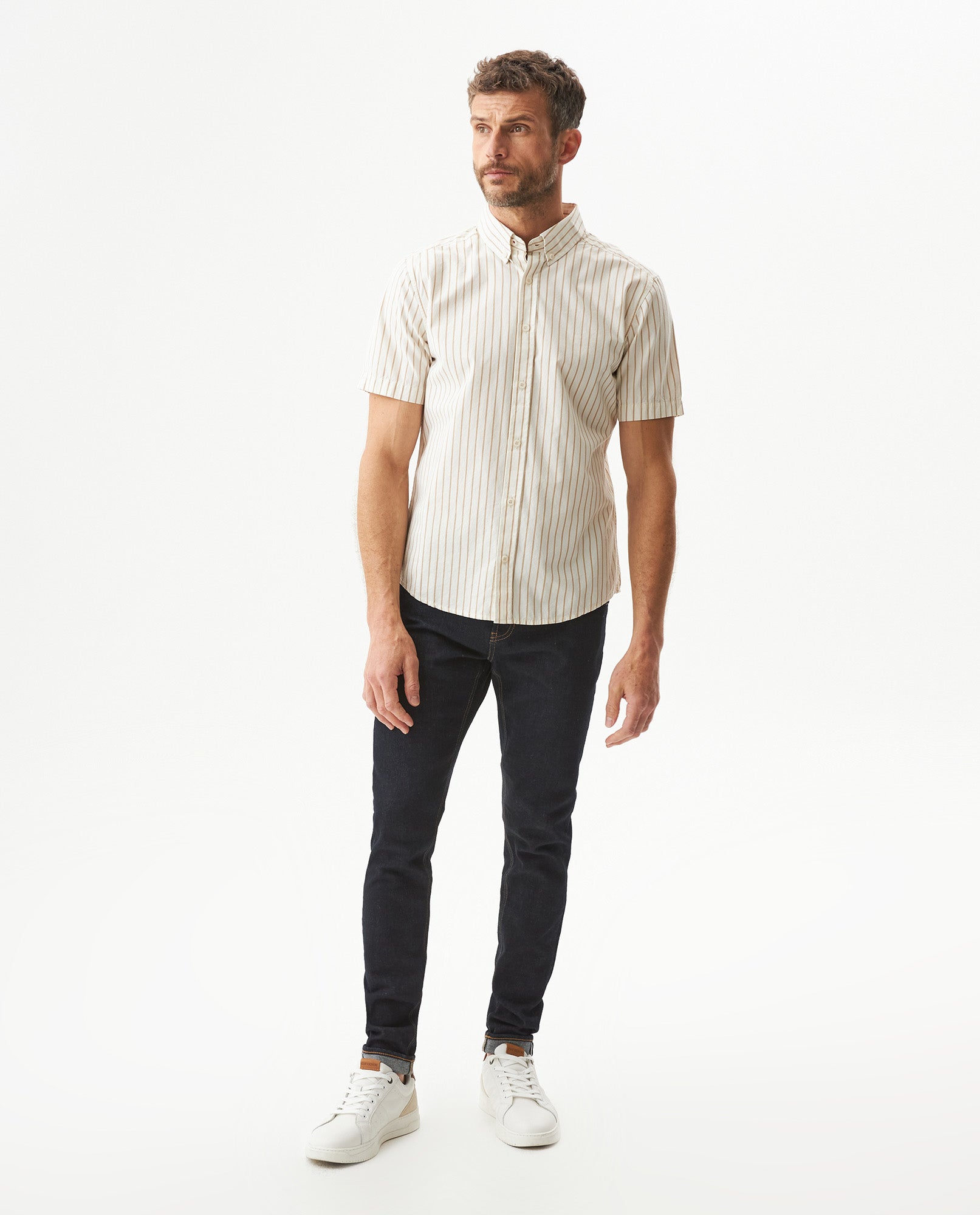 Men's Short Sleeve Slim Fit Striped Pattern Shirt in Cotton, Seawall 619G041 - 3