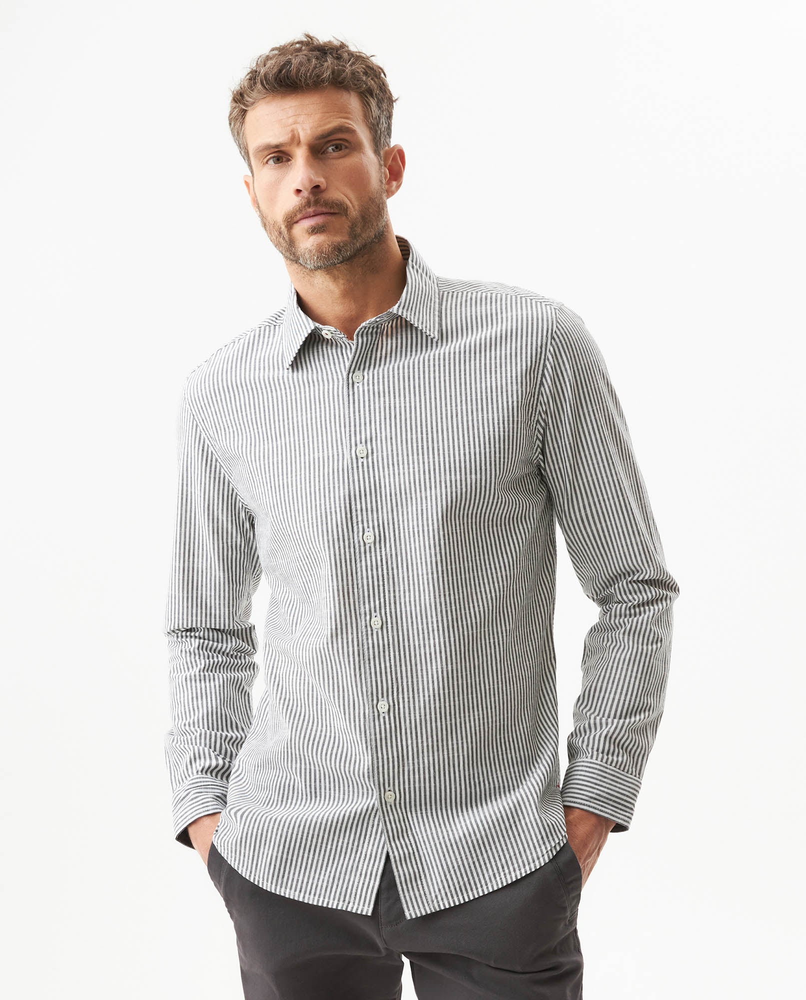 Men's Long Sleeve Classic Fit Striped Shirt in Cotton, Wharf 619G043 - 1