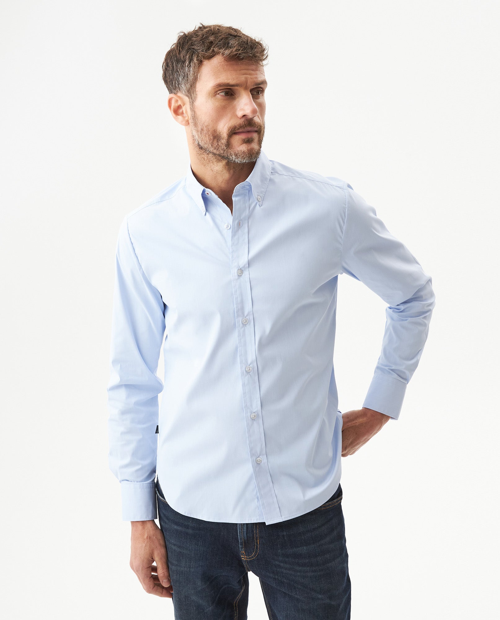 Men's Long Sleeve Slim Fit Micro Wind Tech Shirt in Polyester-Cotton Blend, Cascade - 1