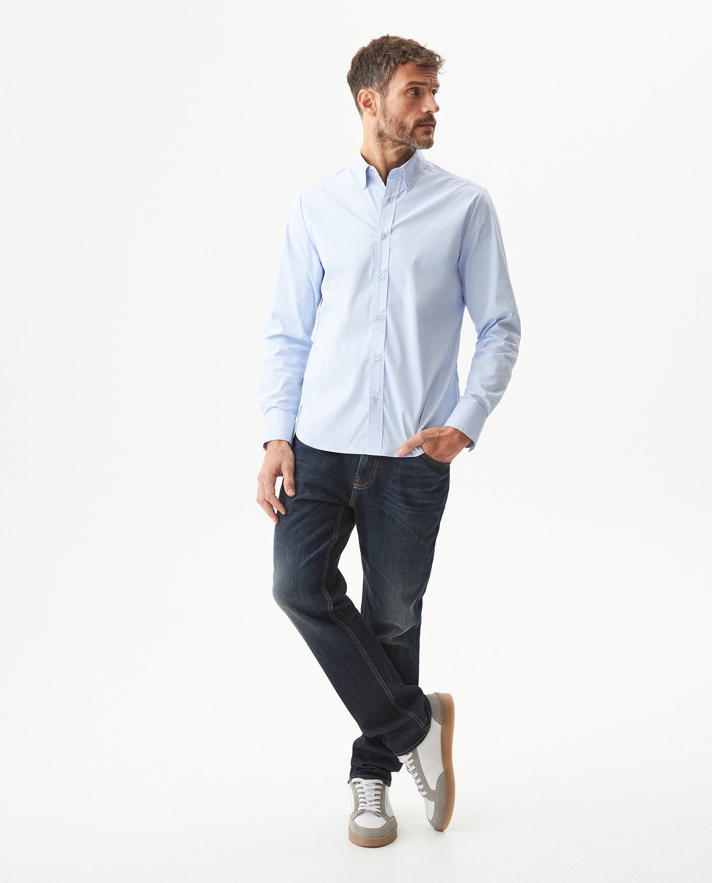 Men's Long Sleeve Slim Fit Micro Wind Tech Shirt in Polyester-Cotton Blend, Cascade - 2