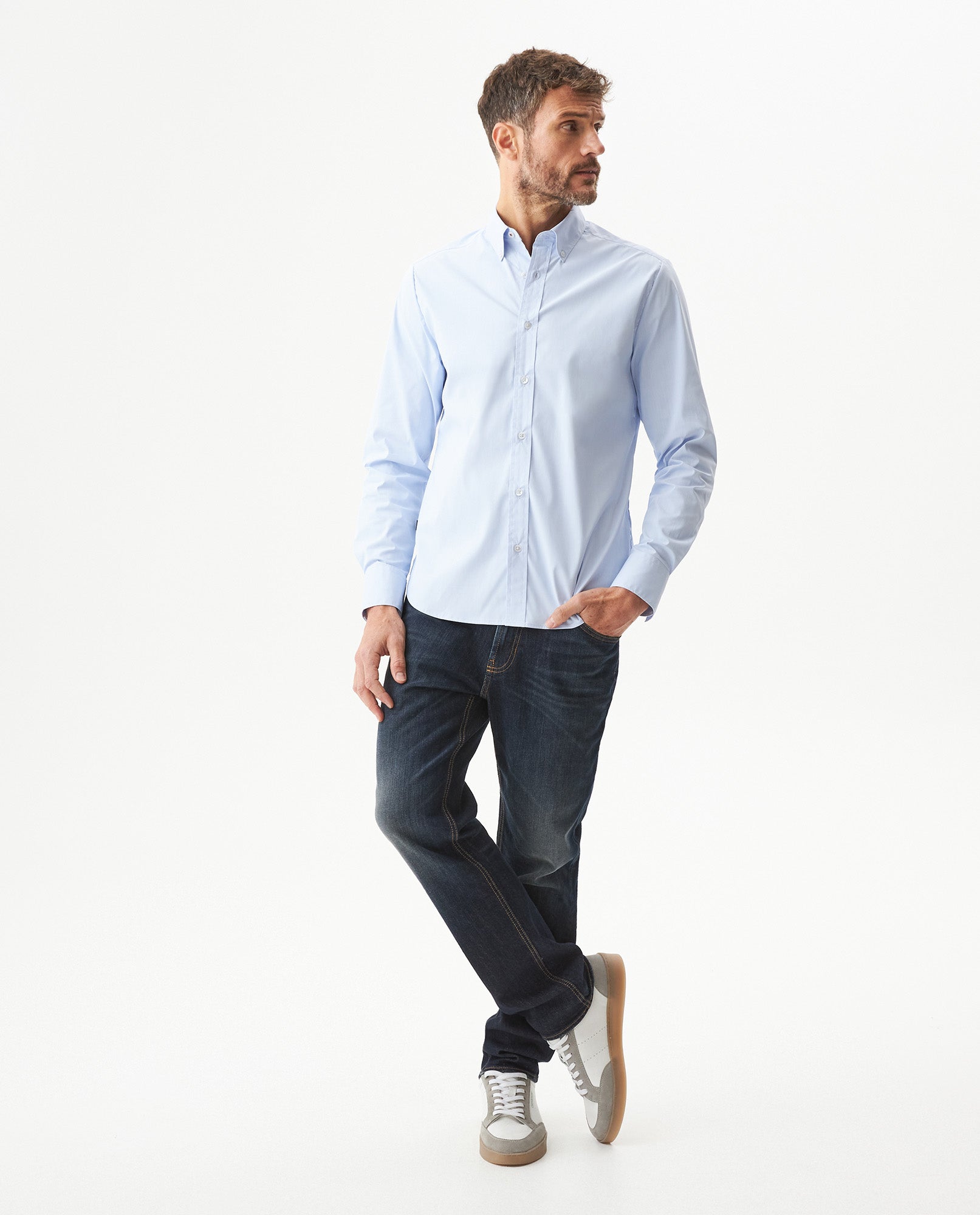 Men's Long Sleeve Slim Fit Micro Wind Tech Shirt in Polyester-Cotton Blend, Cascade - 2