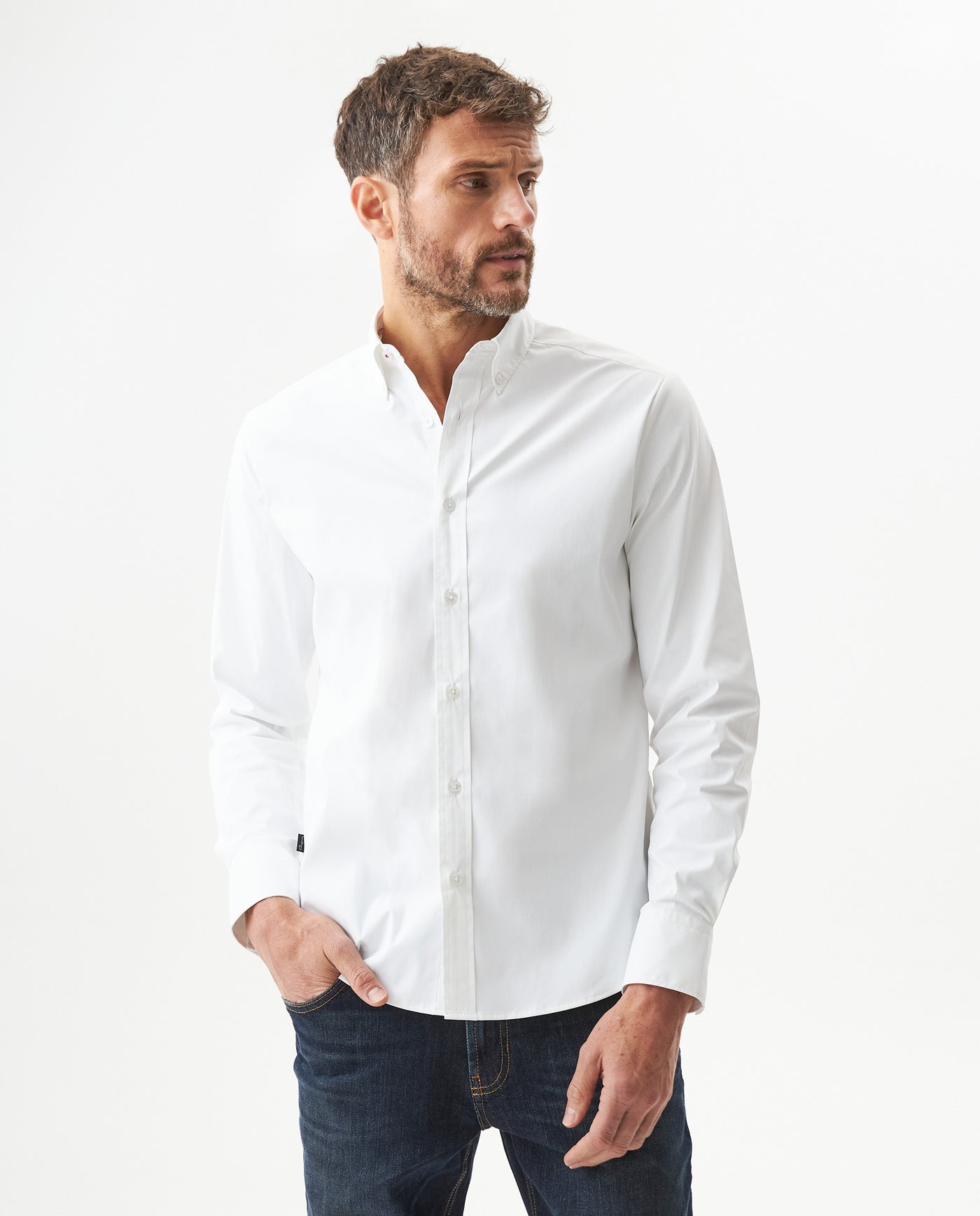 Men's Long Sleeve Slim Fit Micro Wind Tech Shirt in Polyester-Cotton Blend, Cascade - 1