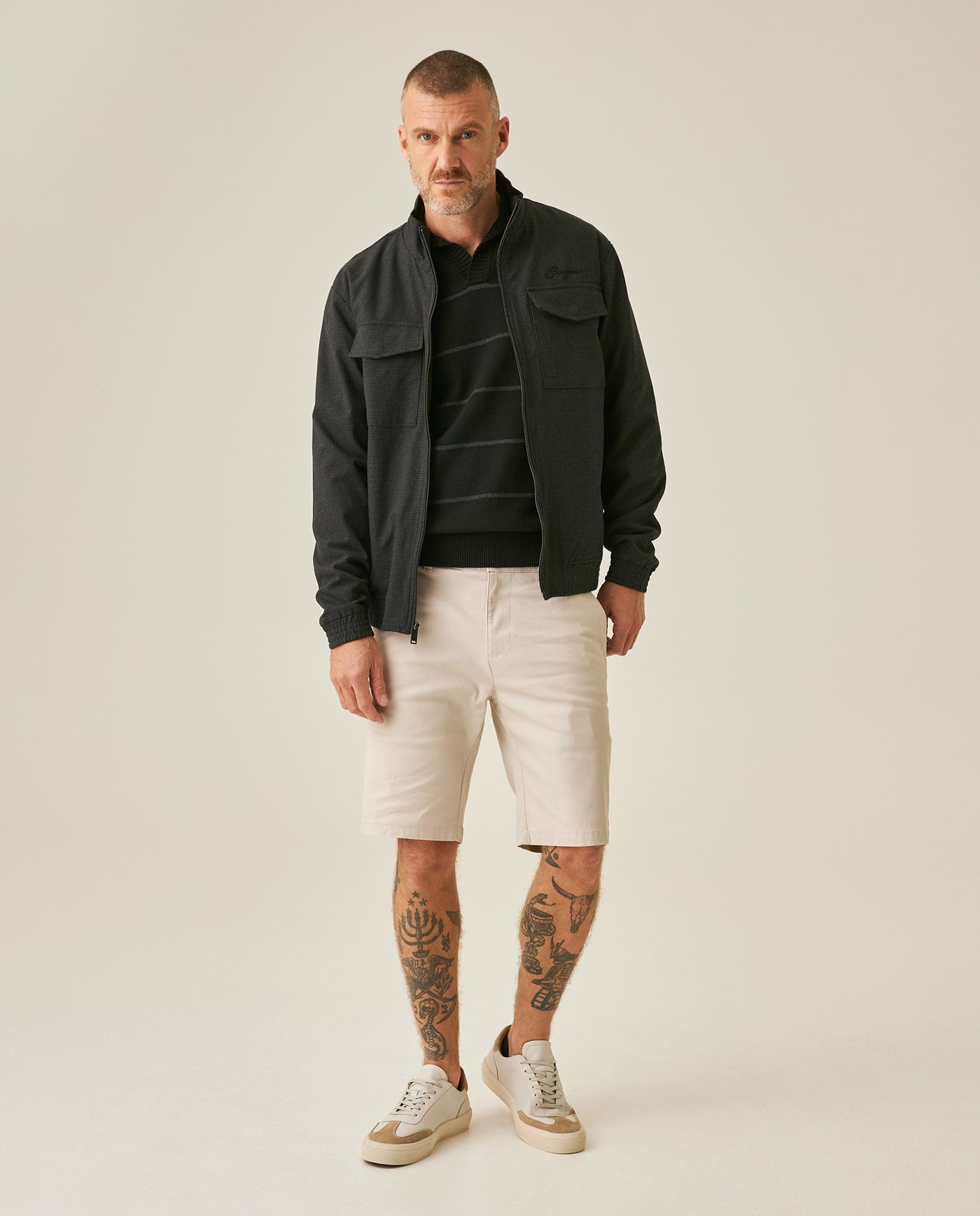 Mens Bomber Jacket High Collar Cloth Cotton Elastane Utilitarian Set Printed Duck Lining - Black 63_621H001_NEG194004_4