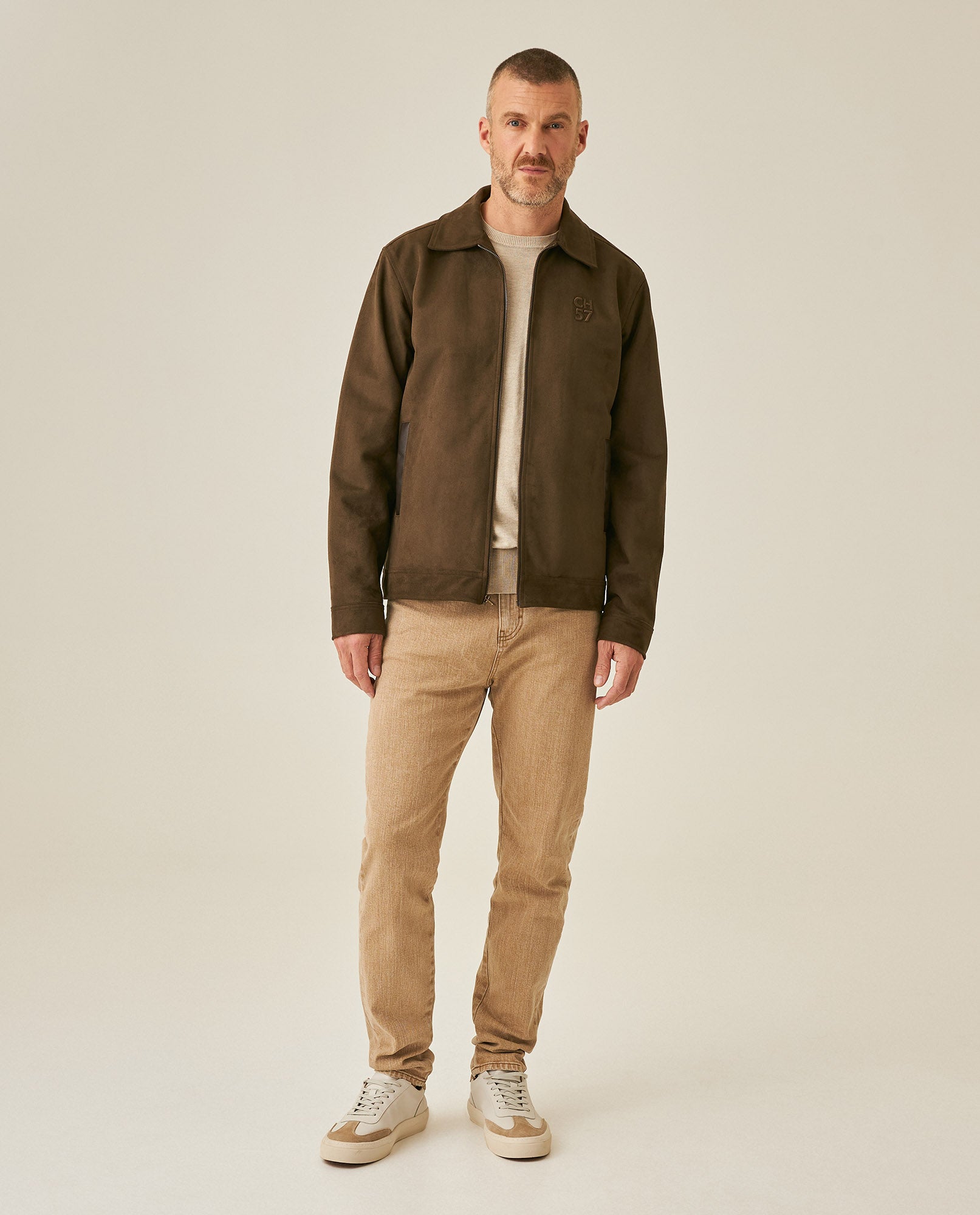 Mens Trucker Jacket Aviator Collar Polyester Suede Peach Touch - Brown 63_621H004_CAF190840_4