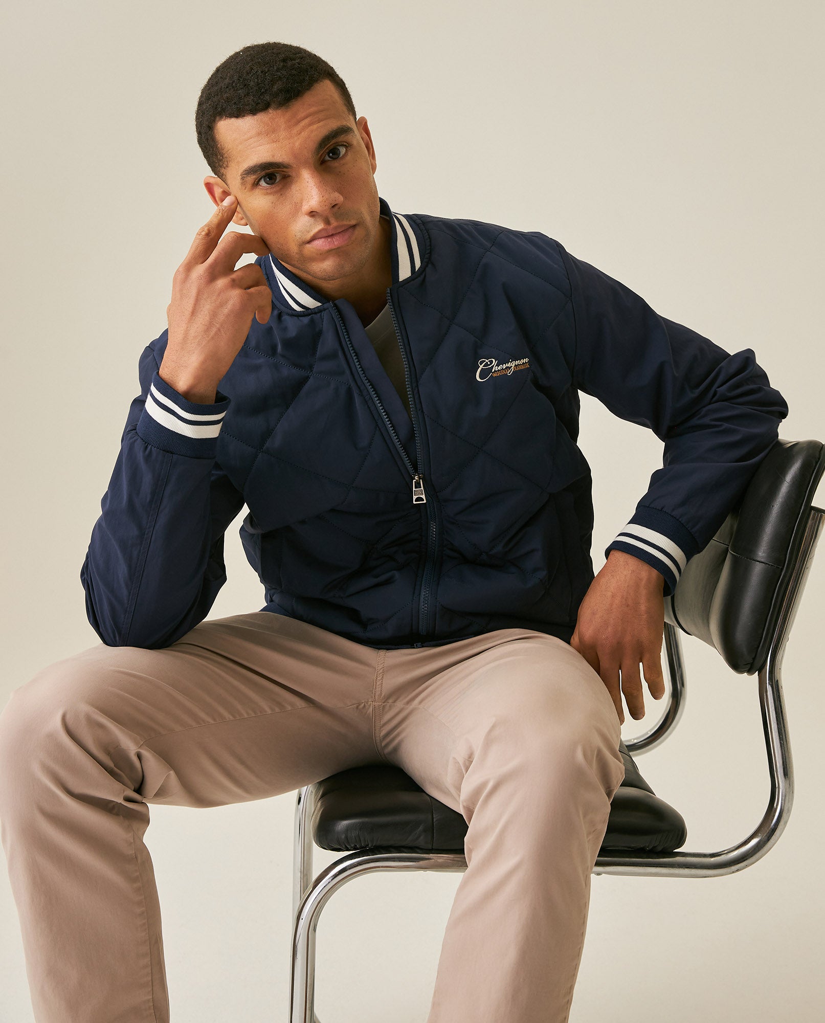 Mens Bomber Jacket Quilted Cotton Polyester Diamond Quilting Embroidered Graphics - Blue 63_621H005_AZU193923_4