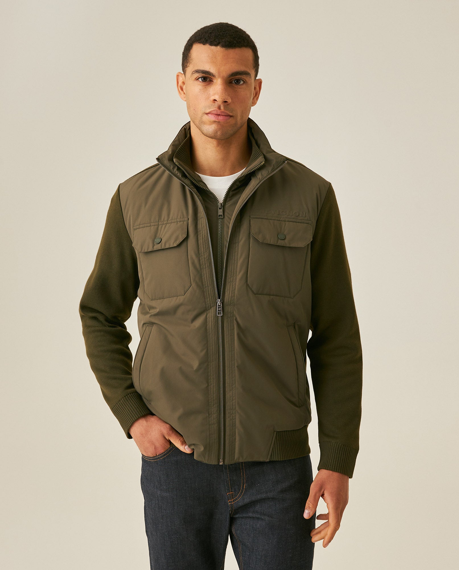 Mens Jacket Lightweight Mixed Base Polyester Knit Sleeves - Green 63_621H006_VER190511_0