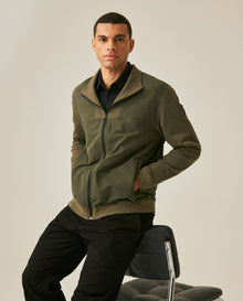 Mens Jacket High Collar Mixed Base Rayon Nylon Elastane Drape Leather Duck Appliqué Semi-Waterproof - Green 63_621H008_VER190414_0