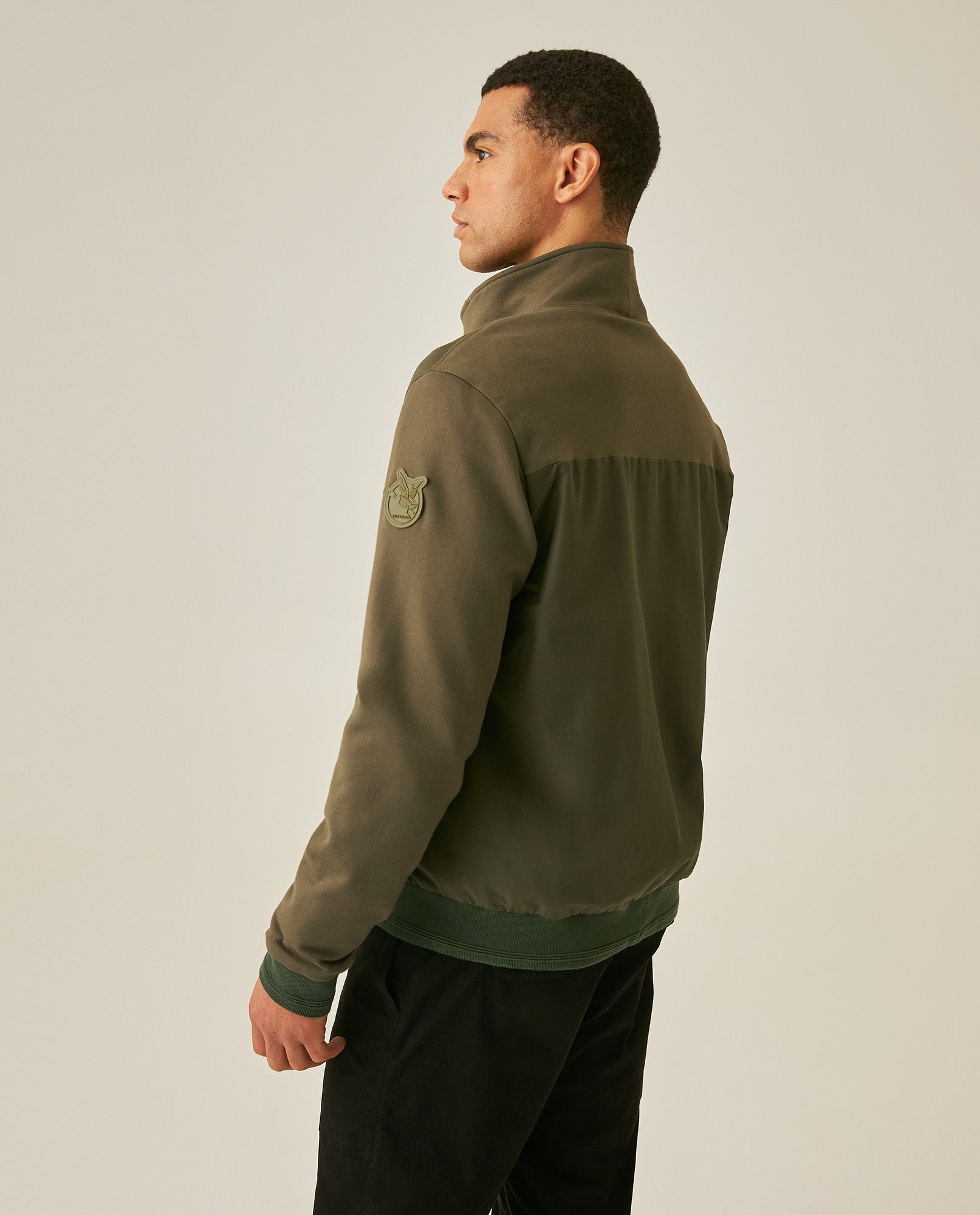 Mens Jacket High Collar Mixed Base Rayon Nylon Elastane Drape Leather Duck Appliqué Semi-Waterproof - Green 63_621H008_VER190414_6