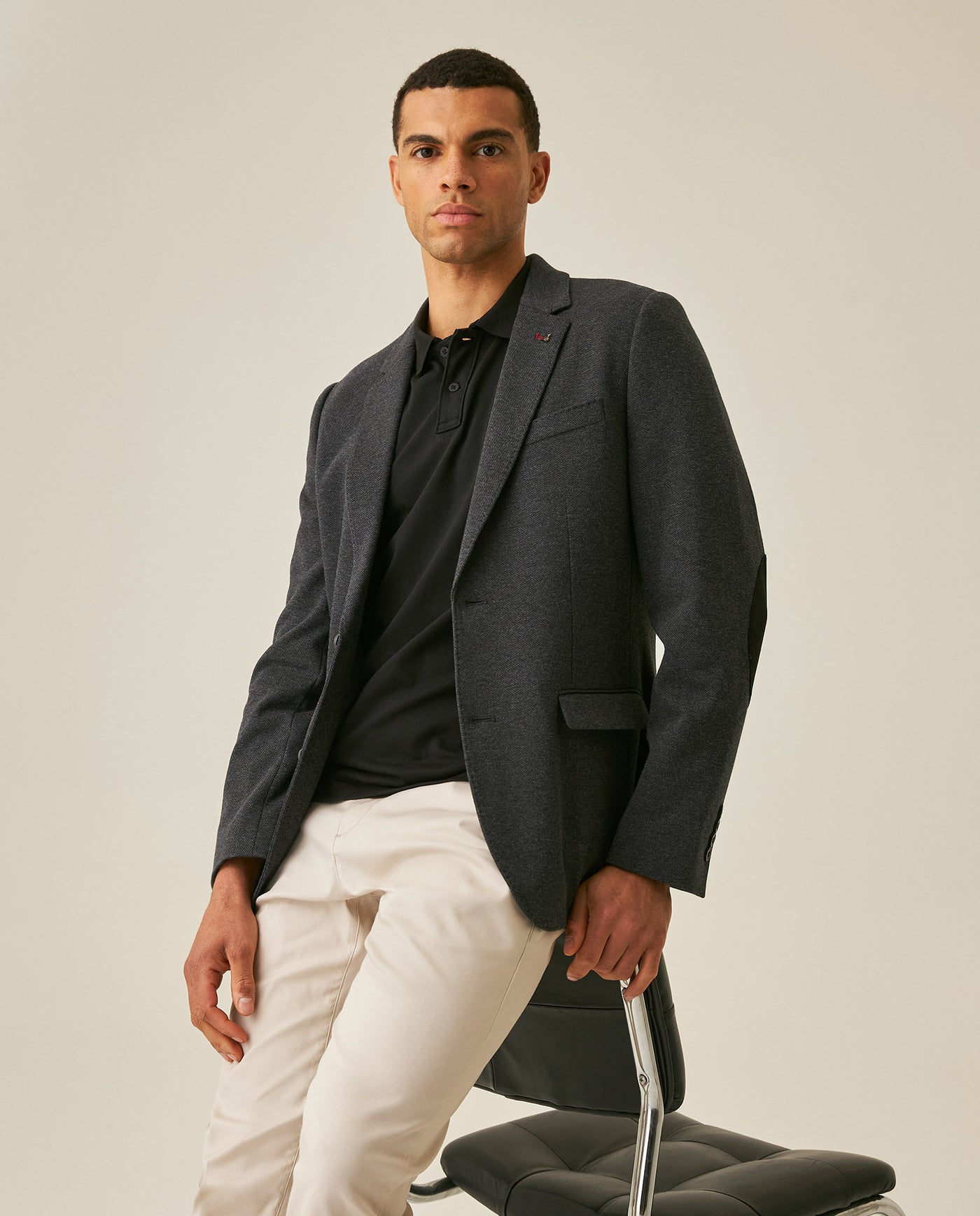 Mens Blazer Heather Elbow Patches Polyester Cotton Elastane Melange Herringbone Texture - Blue 63_621H012_AZU194011_4