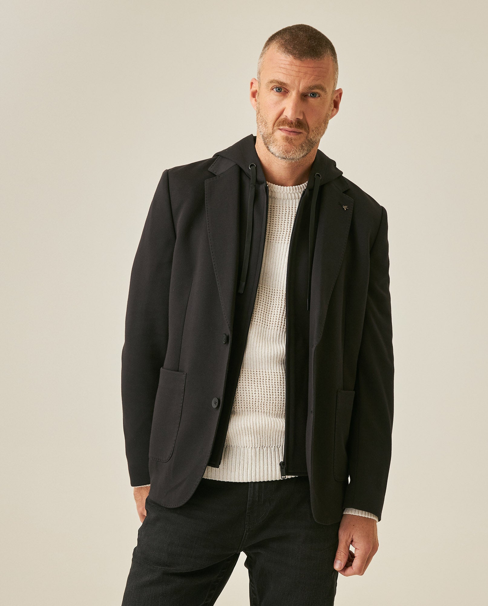 Mens Blazer Removable Hood Polyester Cotton Elastane Removable Internal Piece - Black 63_621H050_NEG194007_0