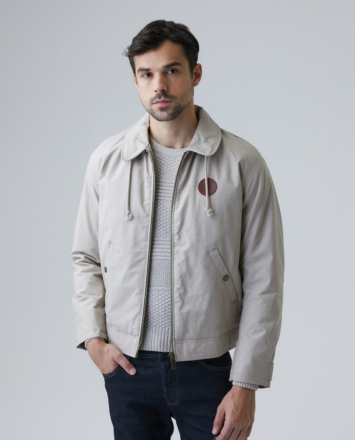 Men's Jacket, Straight Silhouette - Hidden Hood in Collar - Khaki - 1