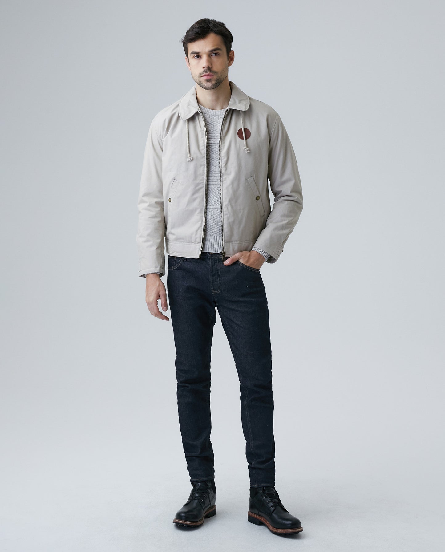 Men's Jacket, Straight Silhouette - Hidden Hood in Collar - Khaki - 5