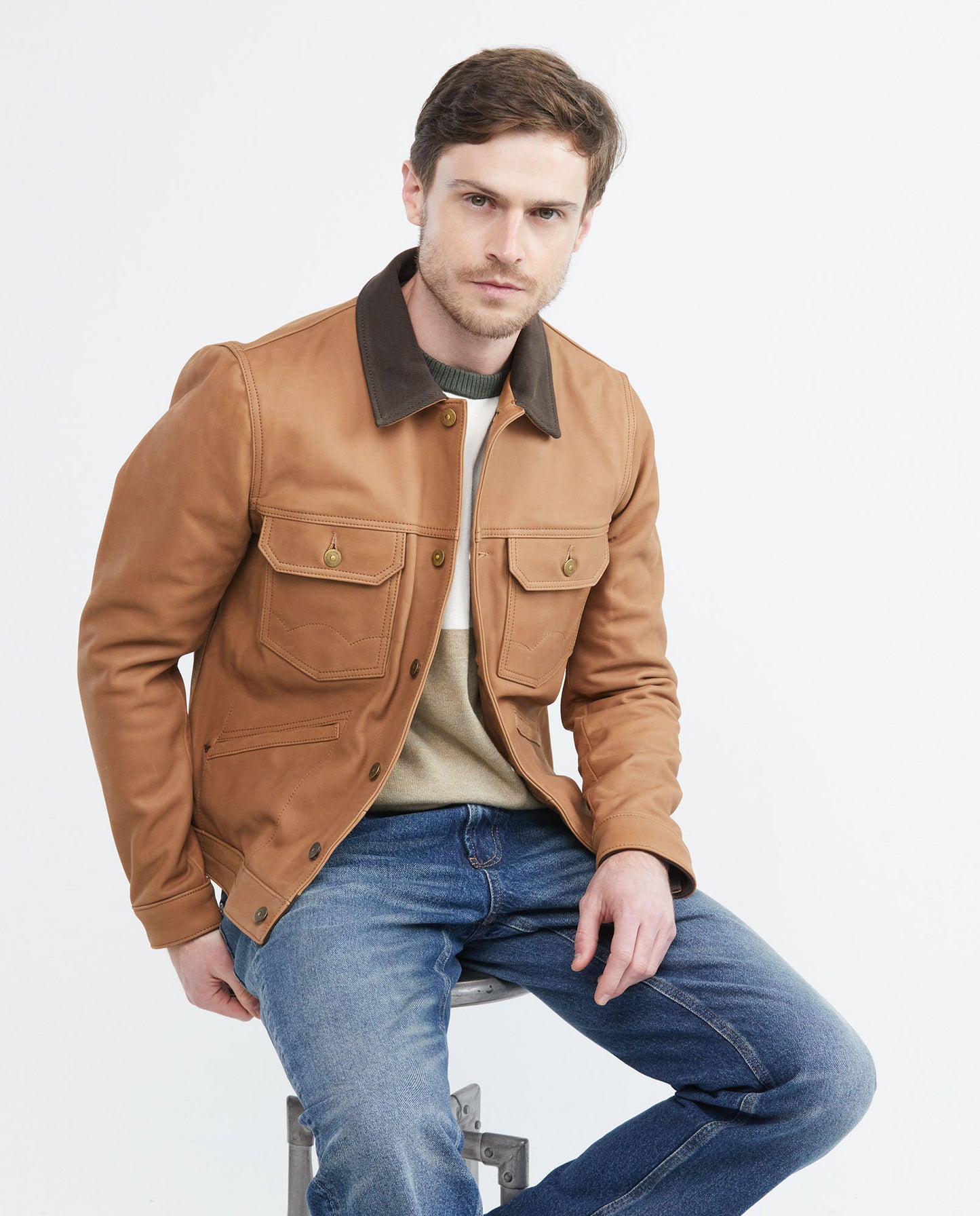 Men's Leather Jacket, Trucker Style - Nubuck Leather - Brown - 1