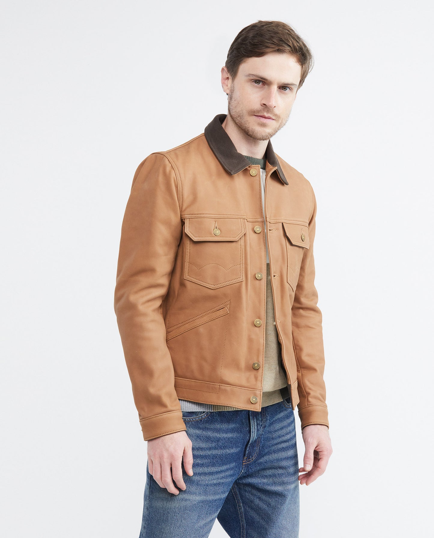 Men's Leather Jacket, Trucker Style - Nubuck Leather - Brown - 2