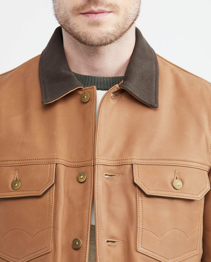 Men's Leather Jacket, Trucker Style - Nubuck Leather - Brown - 3