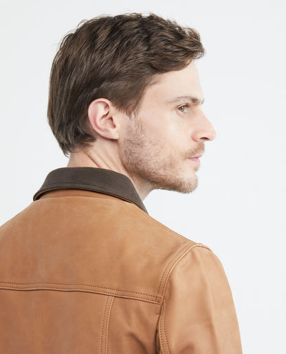 Men's Leather Jacket, Trucker Style - Nubuck Leather - Brown - 5