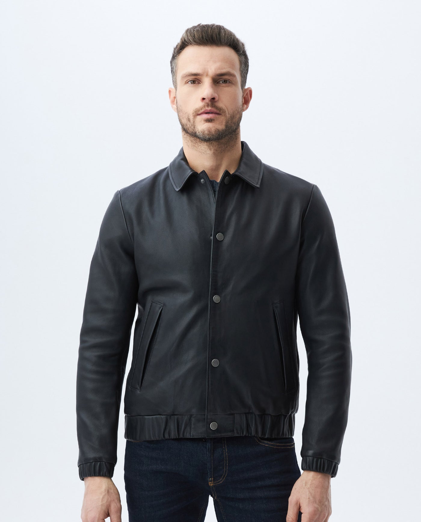 Men's Varsity Leather Jacket Lambskin Elastic Details - 1